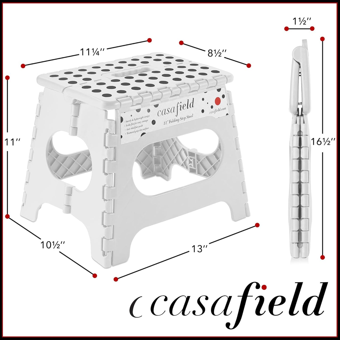 Casafield 11" Folding Step Stool with Handle, White - Portable Collapsible Small Plastic Foot Stool for Kids and Adults - Use in The Kitchen, Bathroom and Bedroom