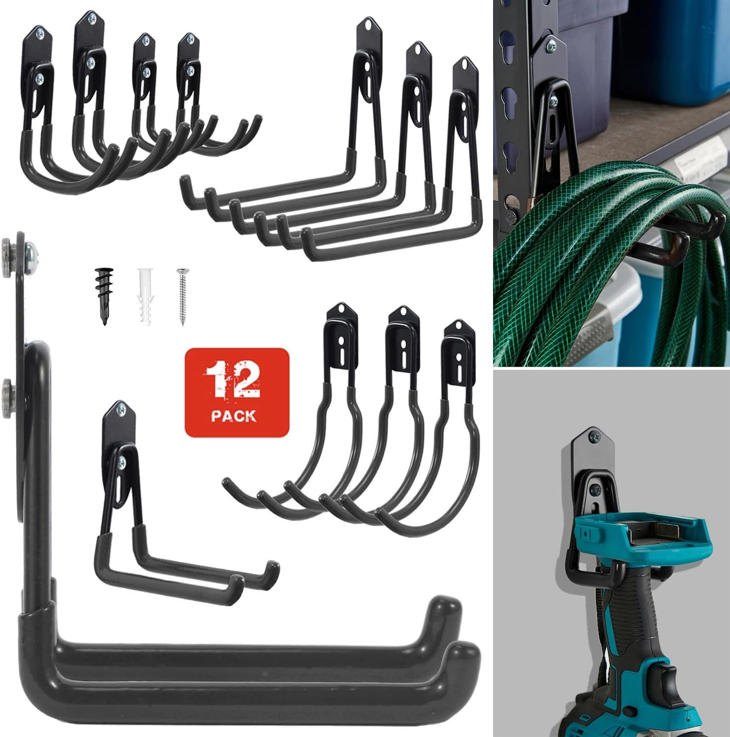 Wallmaster Garage Hooks Organizer Kit,12 Pack Adjustable Heavy Duty Shelving Hook,Wall Mount Utility Steel Garage Organization (Black)