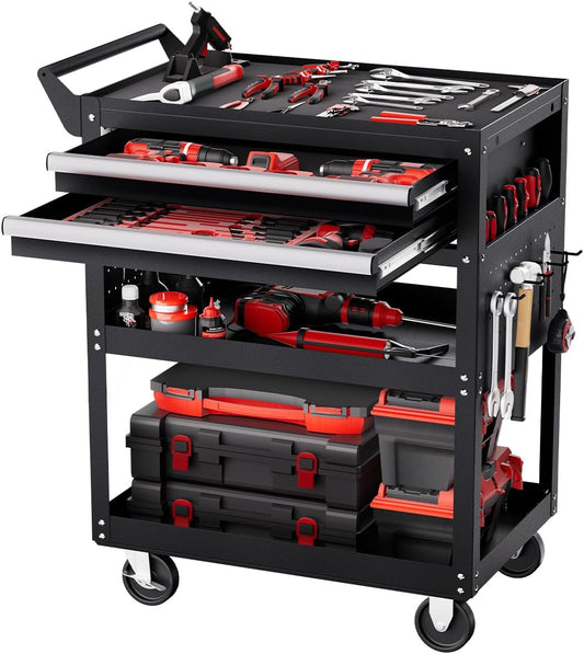 VEVOR 5-Tier Tool Cart with Wheels, 400 lbs Load Capacity, Rolling Work Cart with 2 Drawers & Pegboard, Mechanic Tool Storage Organizer with Locking System for Garage, Warehouse and Repair Shop, Black