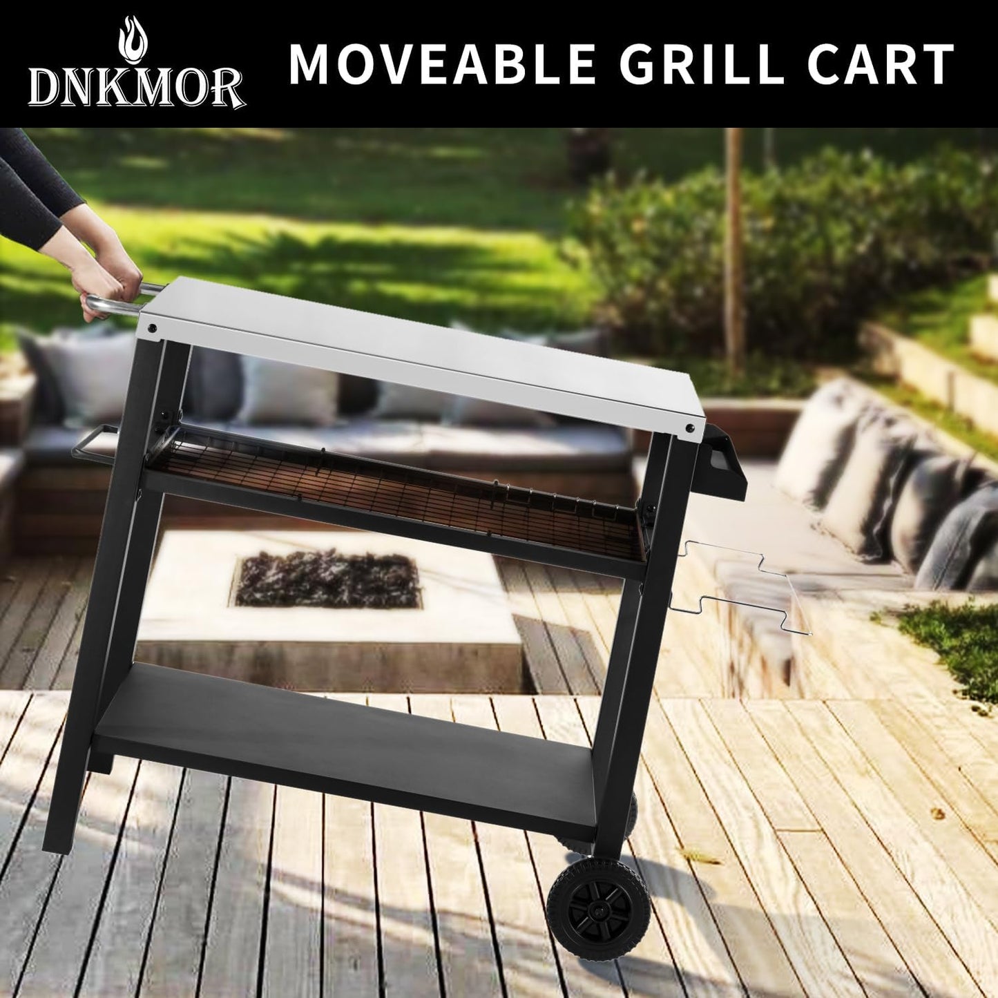 Dining Cart Table with Three Shelf, Movable Outdoor BBQ Grill Table Pizza Oven Stand with Three Hooks, Kitchen Cart Island Multifunctional Food Prep Table for Inside and Outside (Sliver)