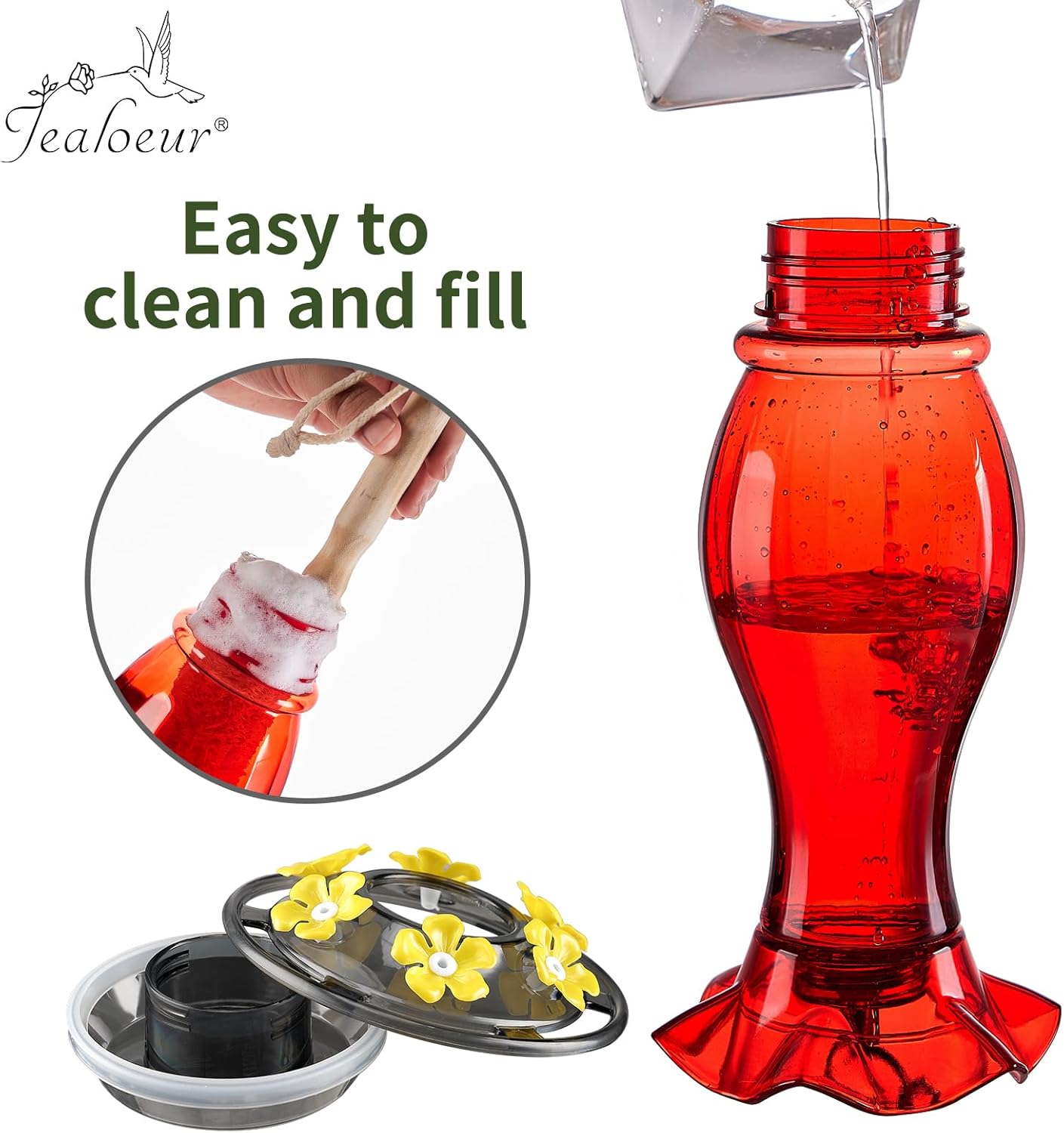 Hummingbird Feeder for Outdoors Hanging, 18 OZ Humming Birds Feeders with 6 Bee Guard Feeding Ports & Built-in Ant Moat, Easy to Clean, Durable Outdoor Garden Decor (Red 1 Pack-C)