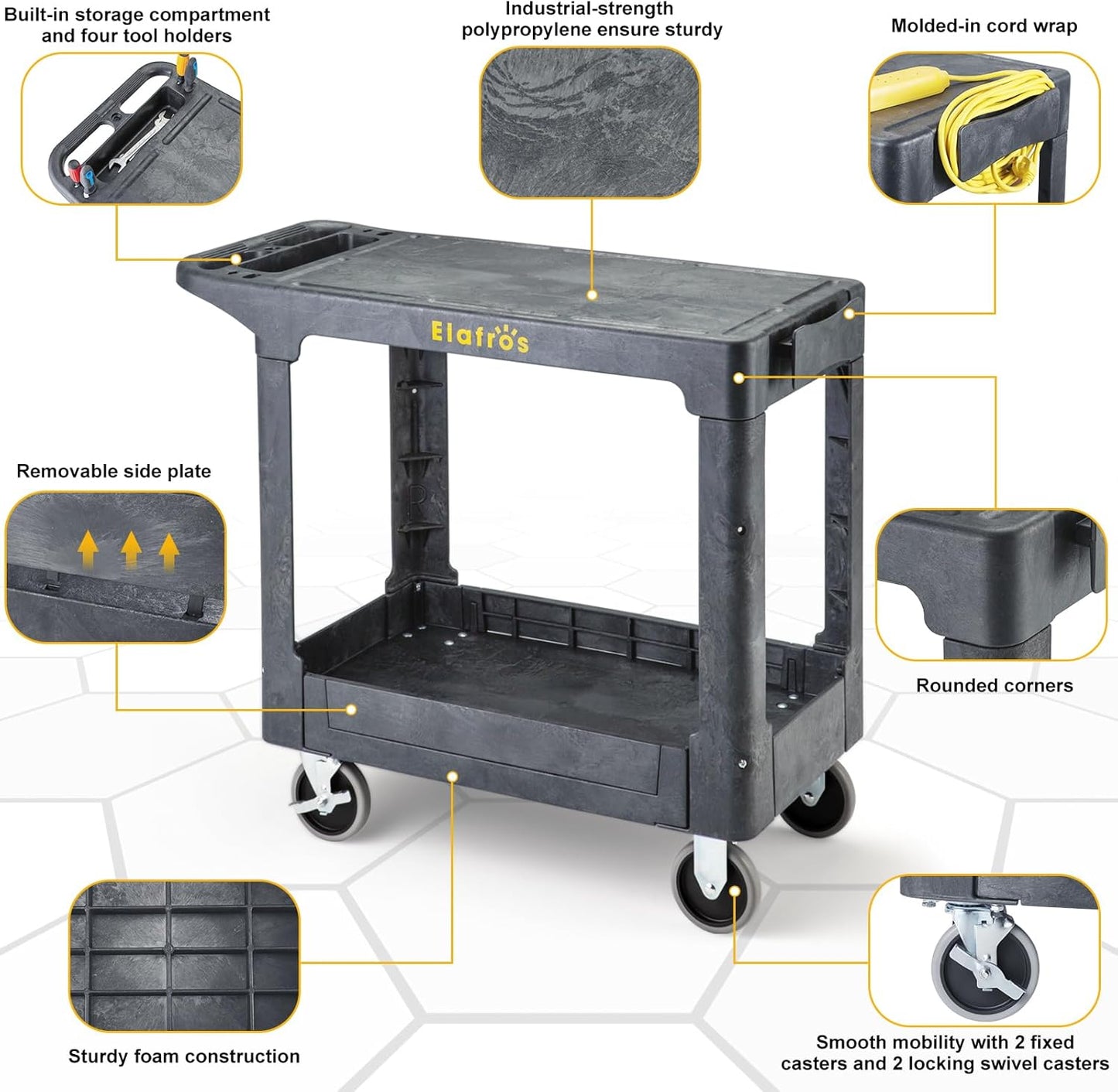 ELAFROS Heavy Duty Plastic Utility Cart Flat top 37 x 18.8 Inch - Work Cart Flat Shelves and 2 Swivel 2 Fixed Wheels Safely Holds up to 550 lbs - 2 Tier Service Cart Mail cart, Gray