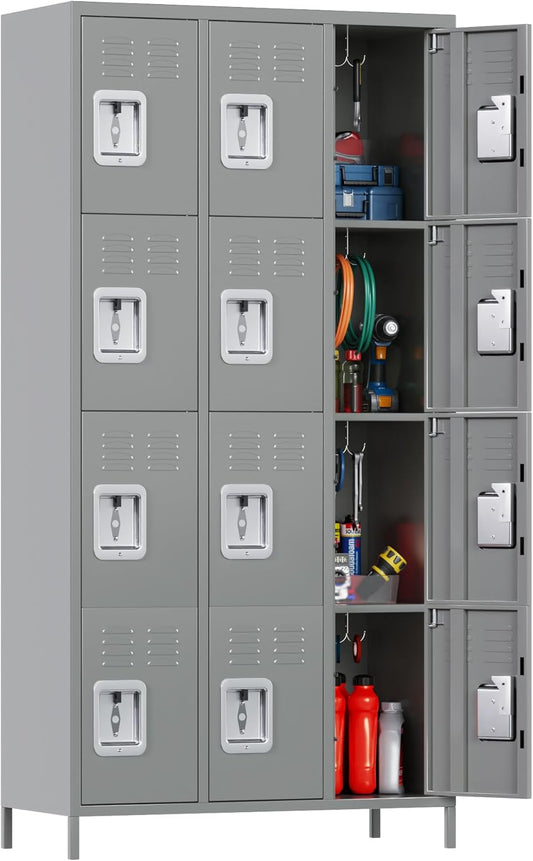 Aobabo 12 Doors Metal Storage Locker for Employees, Storage Locker with 12 Hooks for School Office Gym Bedroom, Grey, Assembly Required