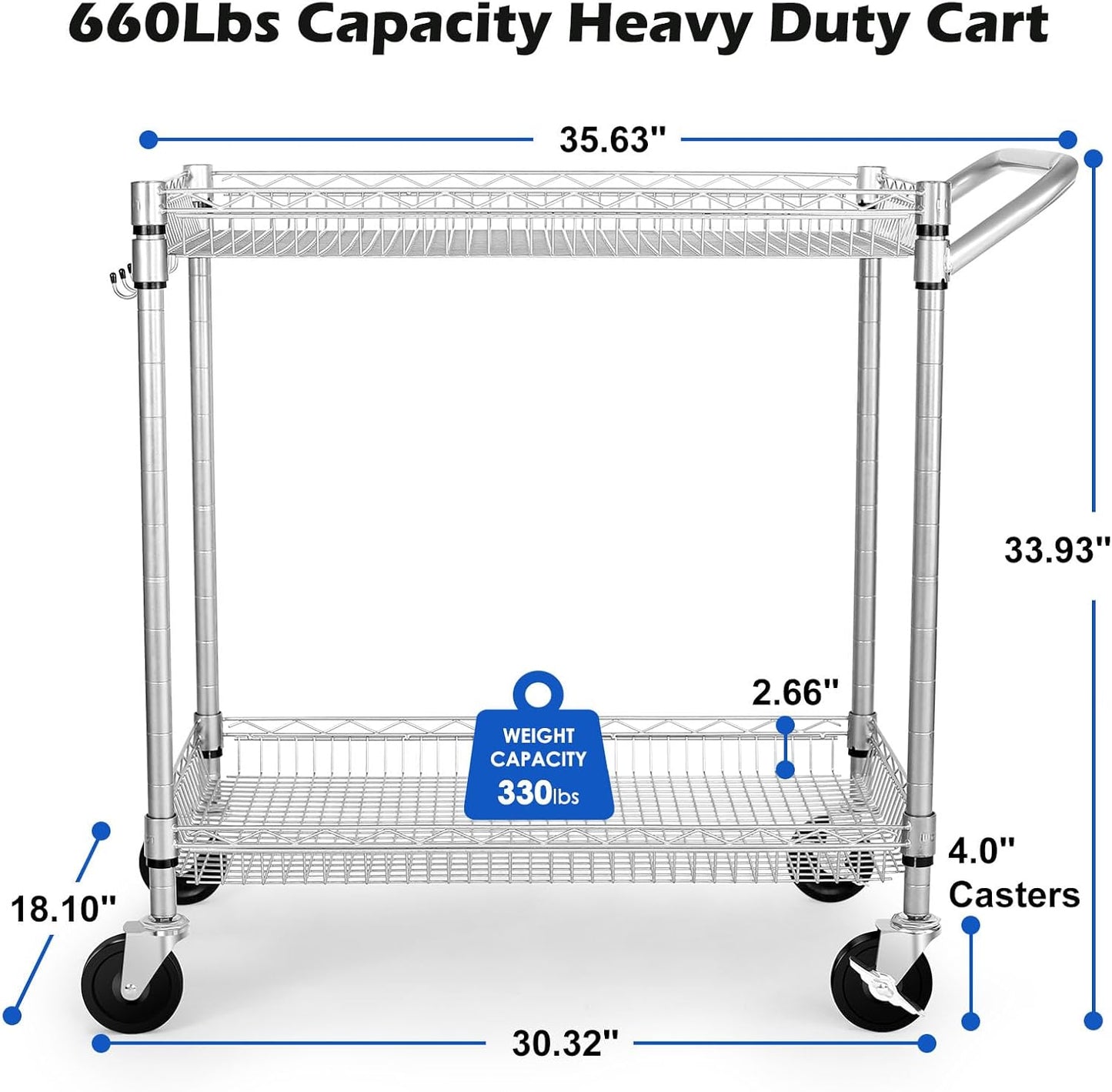 WDT 2 Tier Heavy Duty Utility Cart,NSF Rolling Carts with Wheels,660Lbs Capacity Storage Cart with Handle,Kitchen Cart on Wheels,Commercial Grade Metal Serving Cart with Shelves,35.63"x18.1"x 33.93"