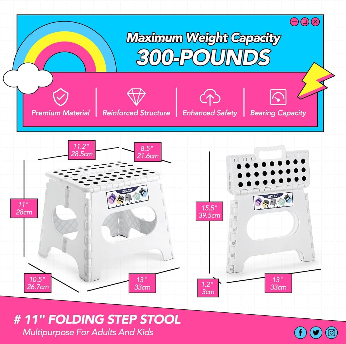 Delxo Folding Step Stool,11 Inch Non-Slip Foldable Step Stools for Kids and Adults,Portable Foldable Step Stool Lightweight Small Folding Stool with Handle for Kitchen Bathroom in White,1 Pack