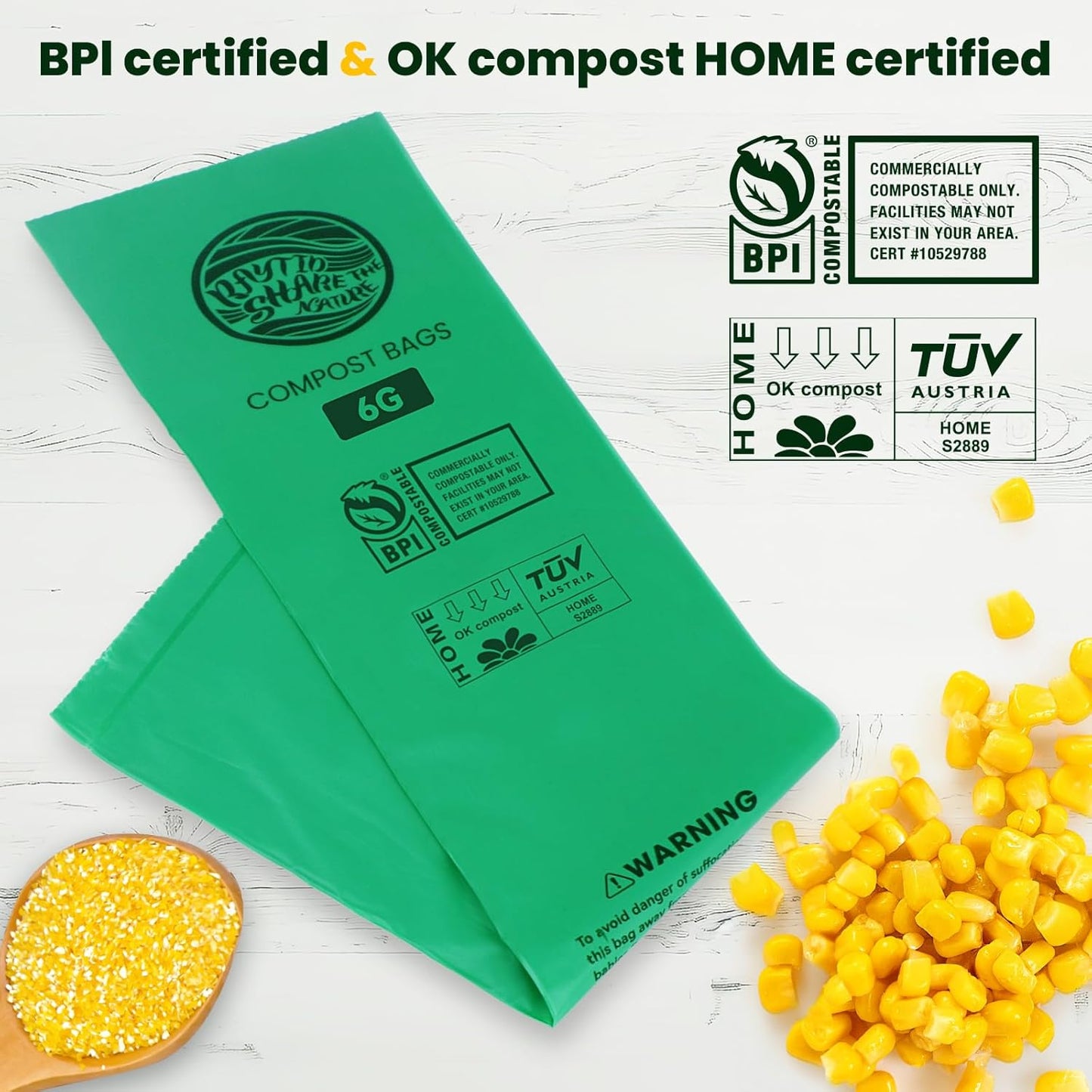 Compostable Bags, 6 Gallon Food Scraps Yard Waste Bags,Fits 5-6-8 Gallon trash can, 30 Liter, 70Count, Heavy Duty 0.85 Mils, ASTMD 6400 Kitchen Trash Bags, BPI&OK compost HOME certified