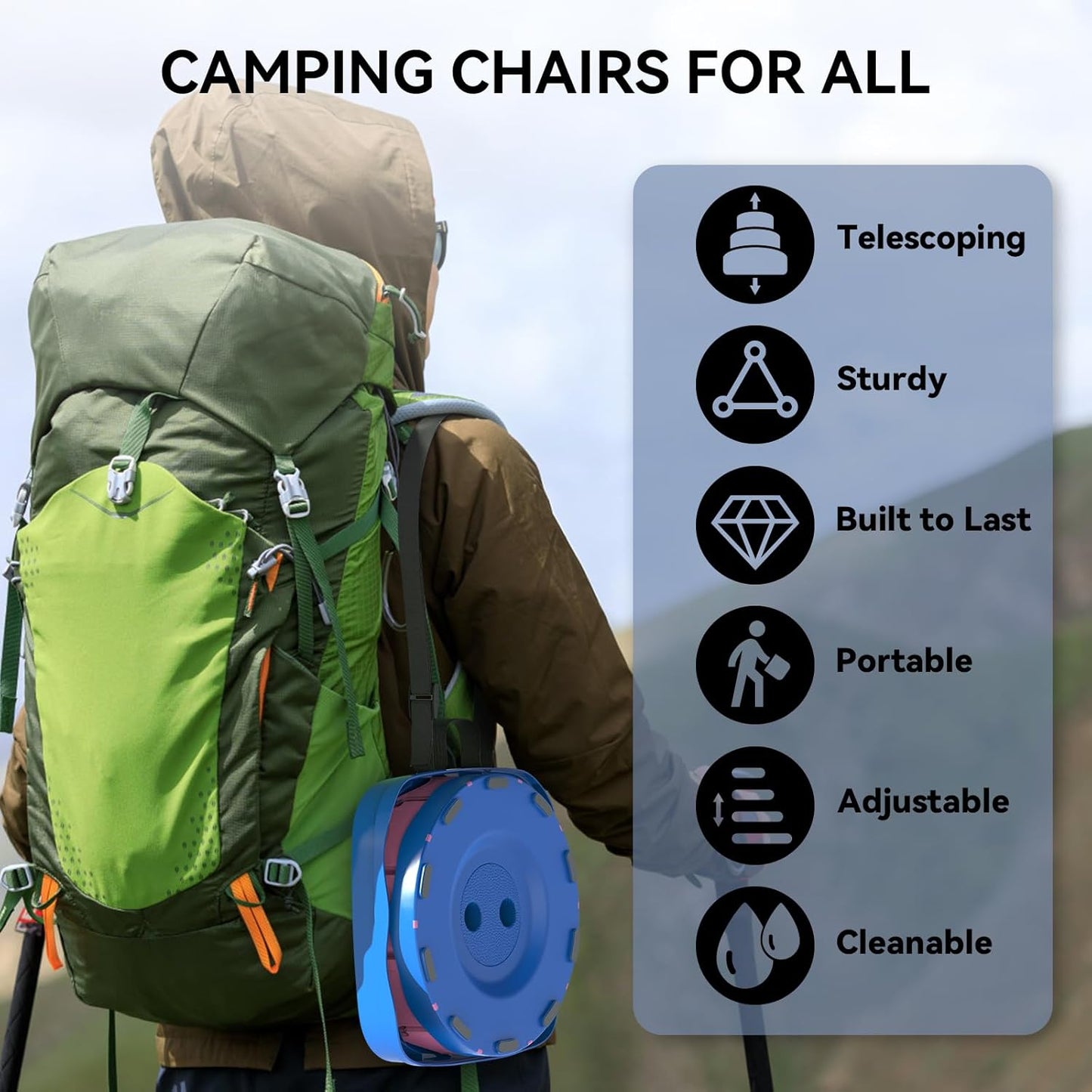 Upgraded Collapsible Stool, Portable Folding Stool, Telescoping Camping Chair with Max Load Capacity 485lbs, Square Retractable Stool for Camping Gardening Fishing Hiking BBQ [Rainbow+Blue]