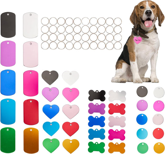 [Press TX Art] 40 Pcs Round(Circle), Bone, Rectangle, Heart Anodized Aluminum Stamping Blanks Tags 10 Mixed Colors Metal Engraving ID Name Tags with Rings (4 Types of Shapes in 10 Colors)