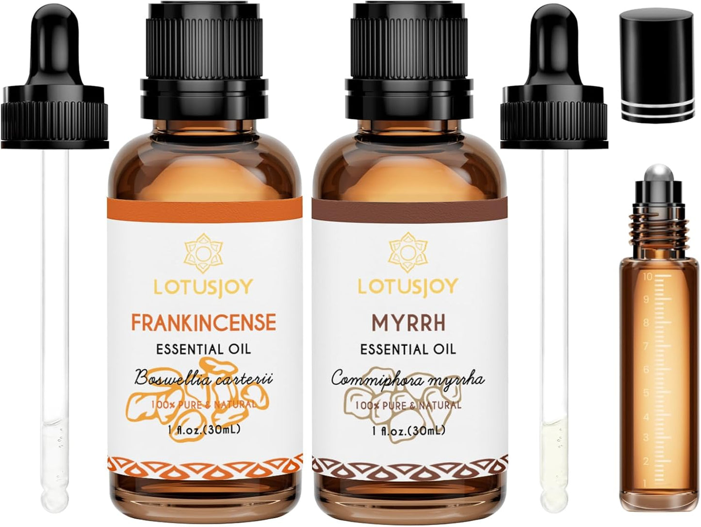 Frankincense and Myrrh Essential Oil, 100% Pure Natural, for Diffuser, Skin Care, Meditation, and Relaxation, Combo Set with Roller Bottle - 2 Oz