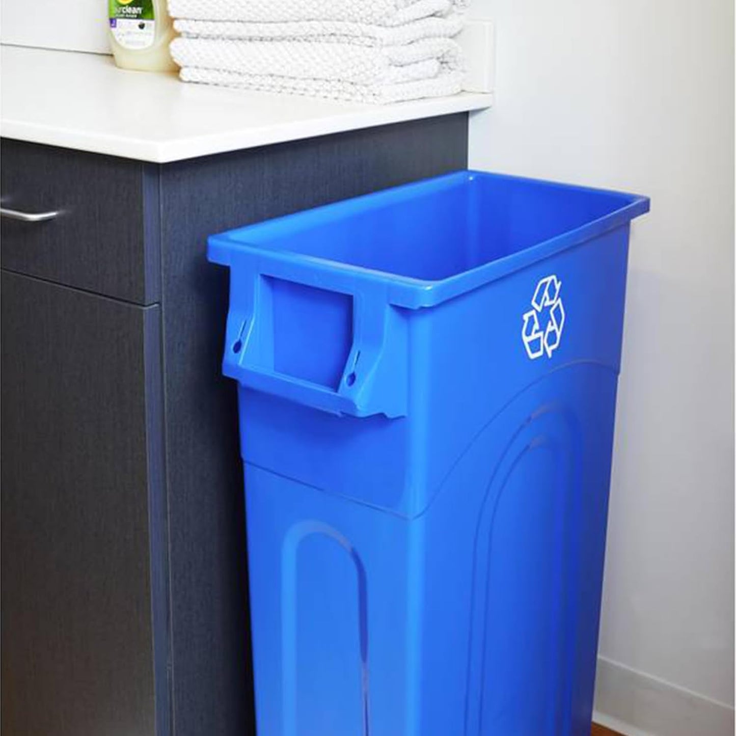 United Solutions Highboy Recycling Container, 23 Gallon, Space Saving Slim Profile and Easy Bag Removal for Indoor or Outdoor use, Recycle Blue