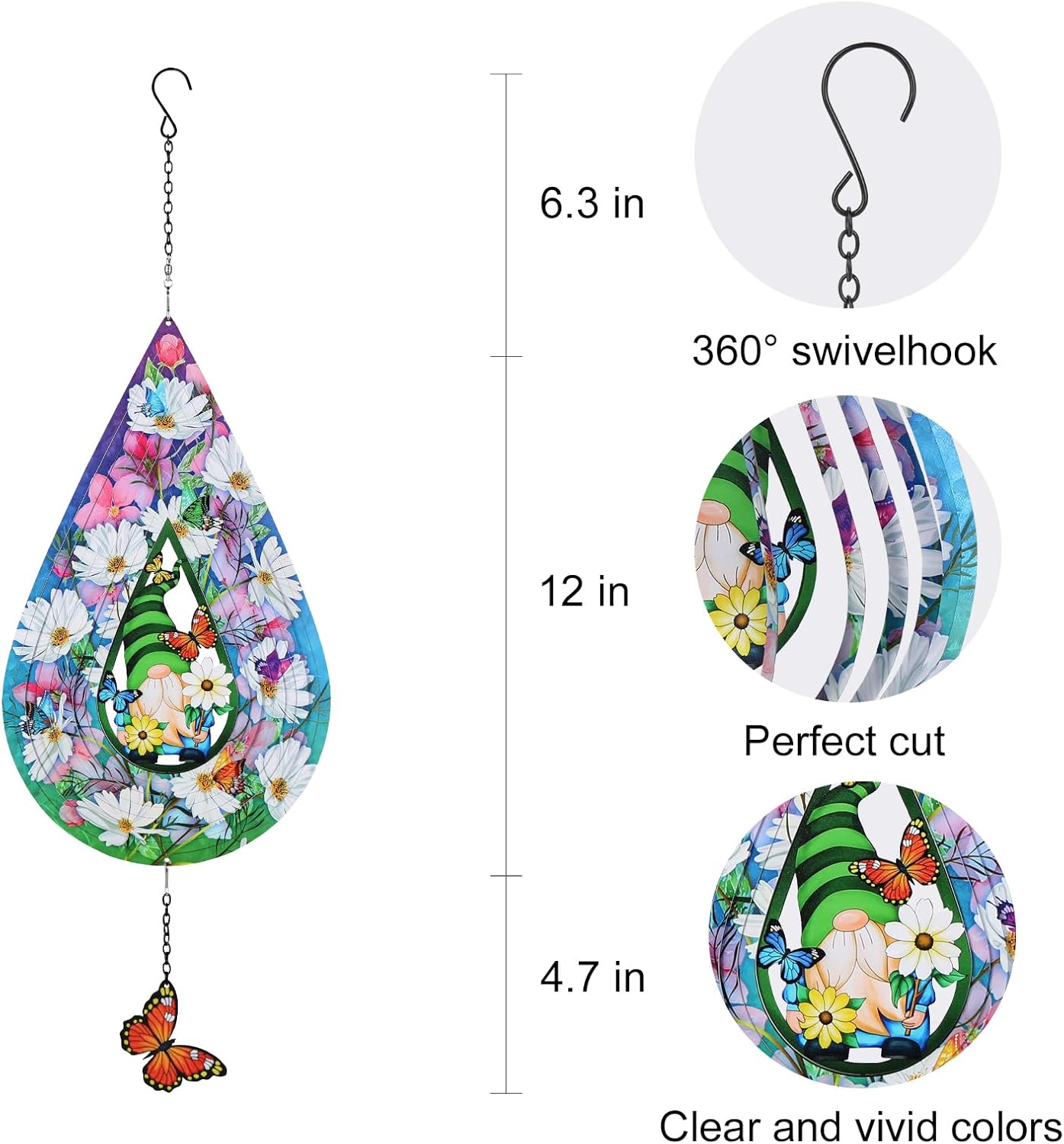 Gnomes and Butterfly Hanging Wind Spinners, Outdoor 3D Metal Sculptures for Garden and Yard Decoration Large Wind Spinner with a 360° Rotating Hook, Gifts for Women Mom Grandma Wife