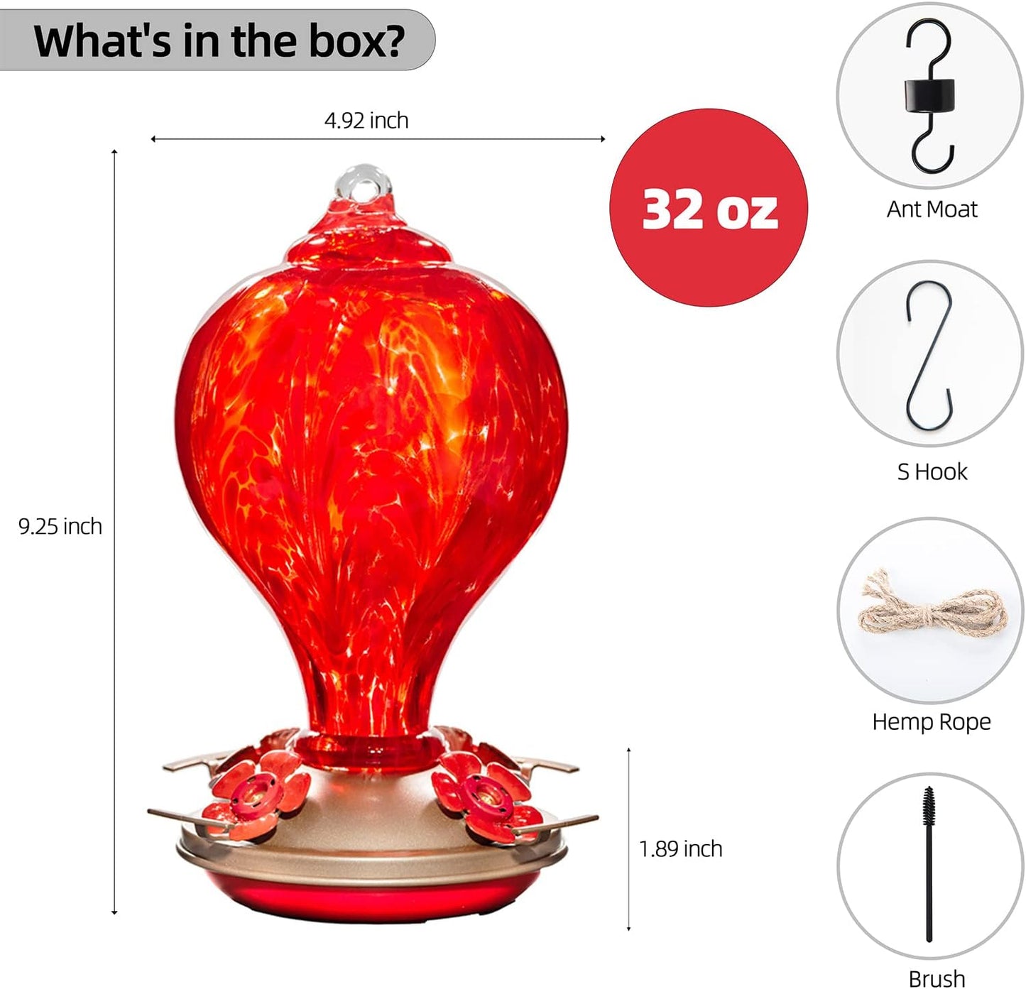 Hummingbird Feeders 32OZ Glass Hummingbird Feeder, 4 Perch Ant Moat Leakproof, Garden Decor (Red Lily)