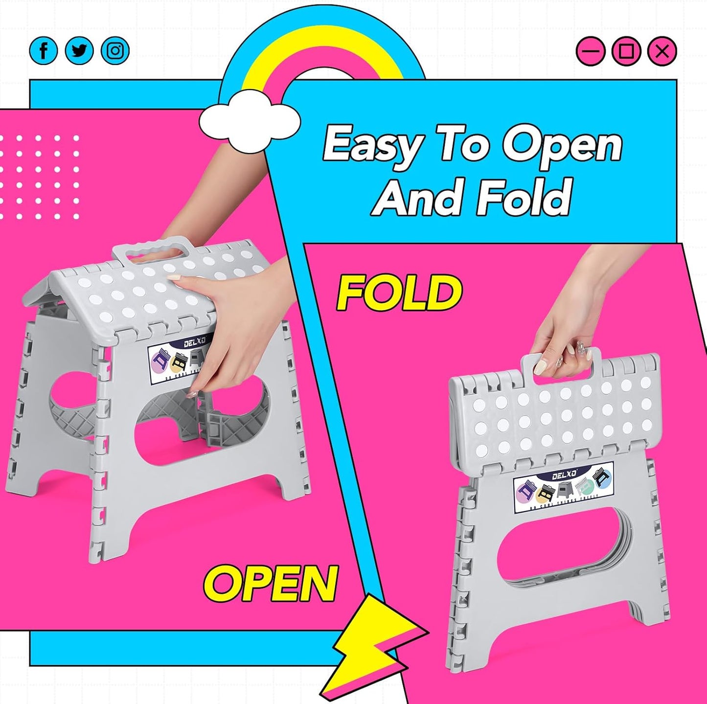 Delxo Folding Step Stool, 11 inch Non-Slip Foldable Stools for Kids & Adults Up to 300 LBS, Step Stool with Handle, Lightweight for Kitchen, Bathroom, Bedroom, Garden, Grey, 1PC