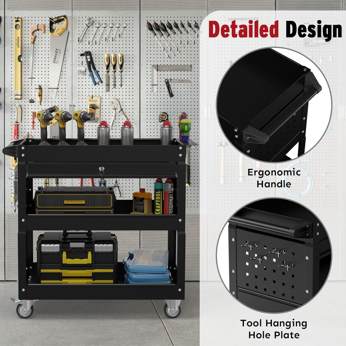 3 Tier Rolling Tool Cart, Heavy Duty Tool Cart on Wheels, Metal Utility Cart with Locked Drawers, Ideal for Garage, Warehouse and Repair Shop (Black)