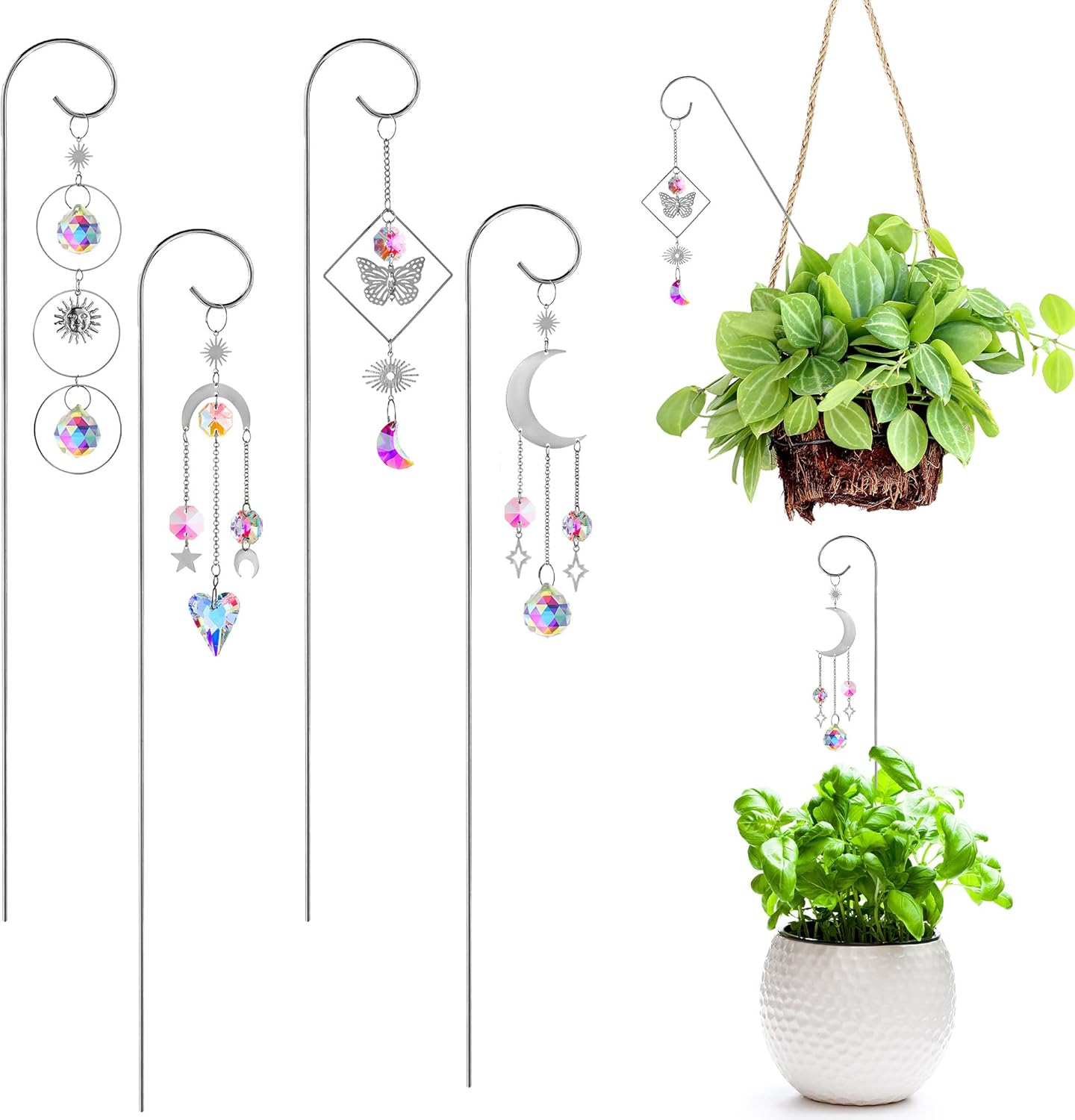 HDCRYSTALGIFTS 4 Pack Small Trellis with Crystal Sun Catchers for Potted Plants Decorations 13.5'' Indoor Plant Stake Suncatcher Accessories for Home Window Garden, Sliver
