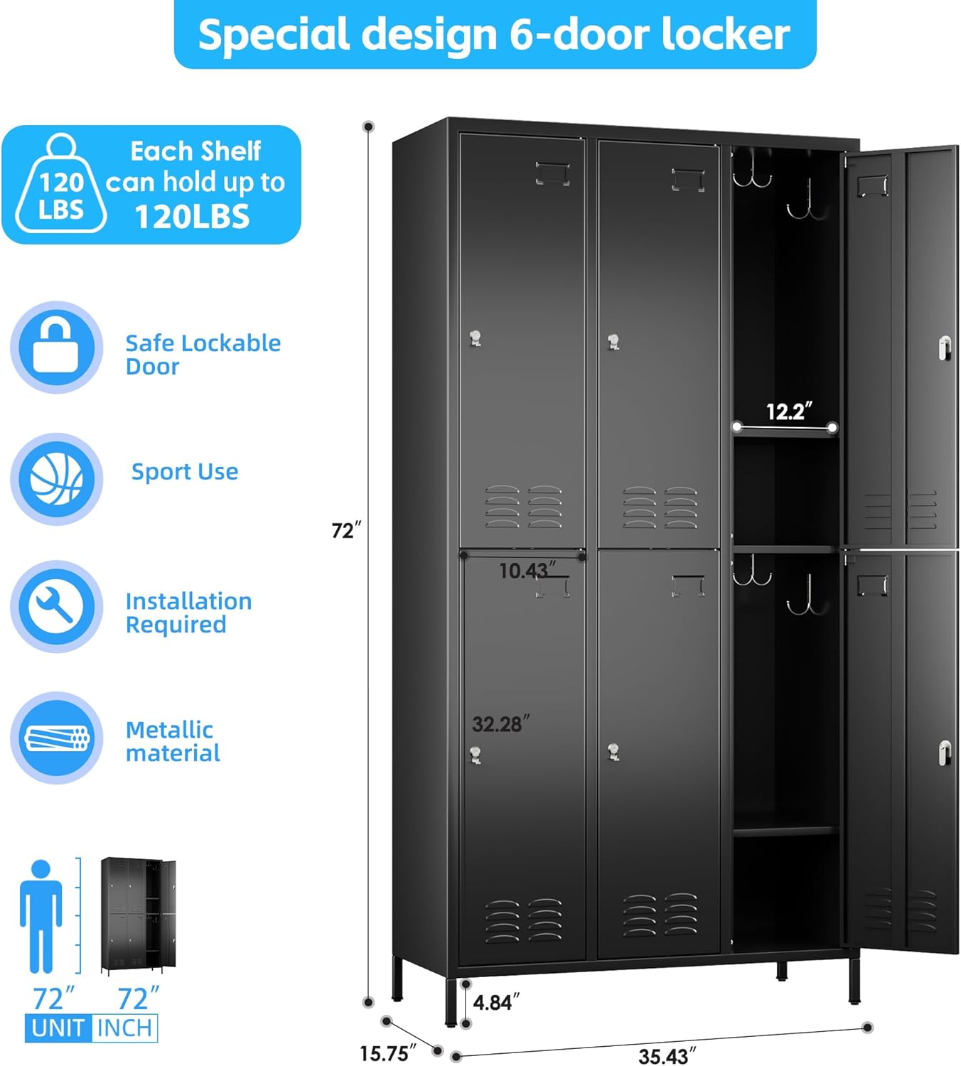 6 Doors Metal Storage Lockers for Employees with 18 Hooks,72" H Employee Lockers with Business Card Holder for Offices School Gyms Home,Assembly Required,Black