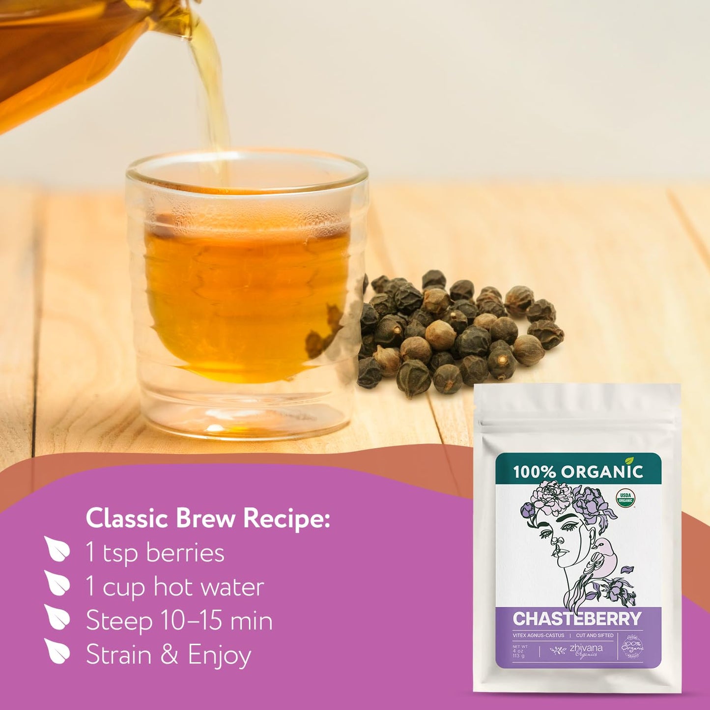 Organic Chasteberry Tea (4 oz.) – Whole Dried Berries for Infusion, Tinctures & Herbal Crafts – Edible Grade - Vitex agnus-castus