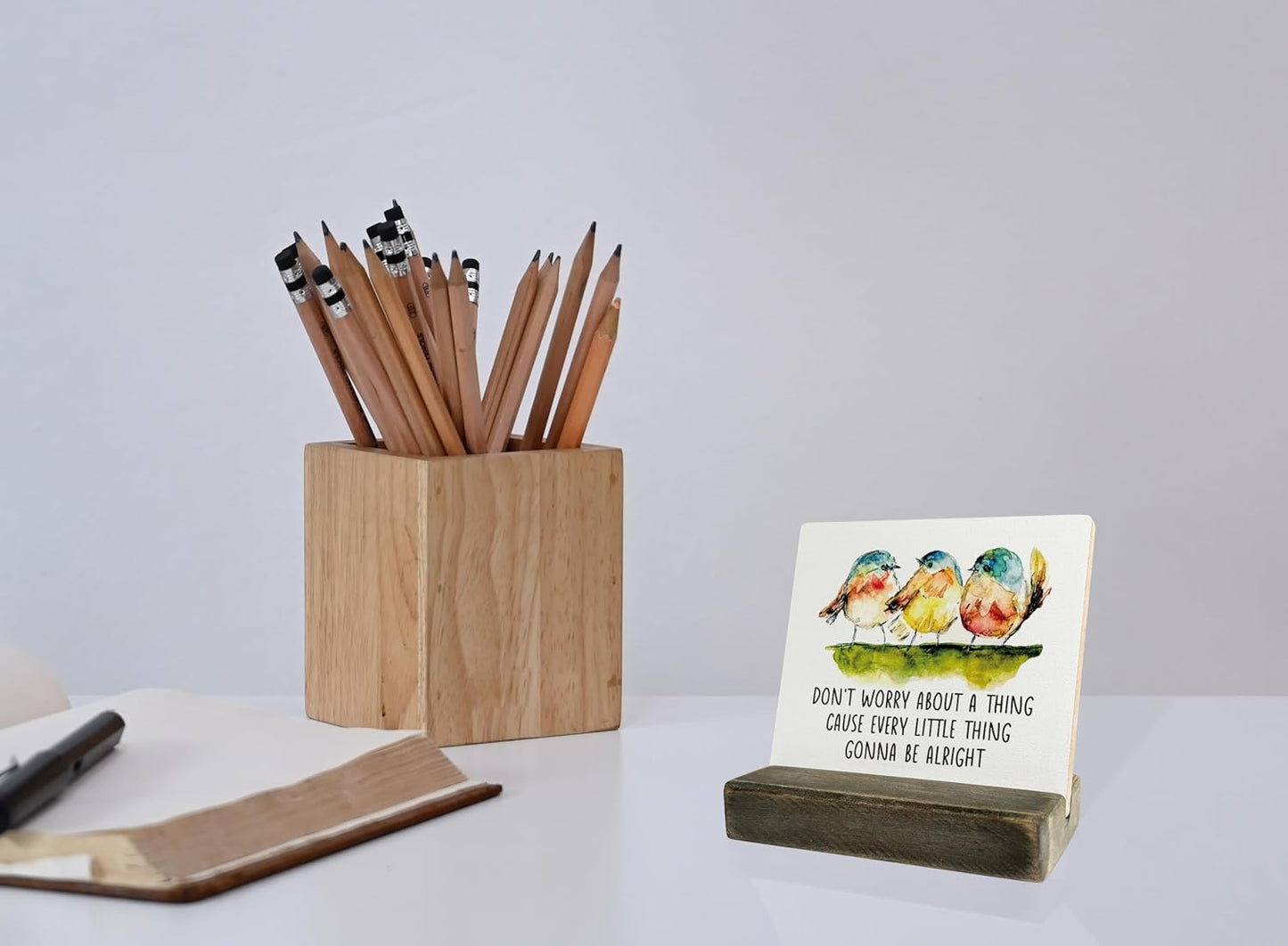 Primitive Wooden Sign, Don't Worry about A Thing Cause Every Little Thing Gonna Be Alright, Desk Plaque with Wooden Stand 4 x 4.3 inches, Three Little Birds Decor for Home Farmhouse A