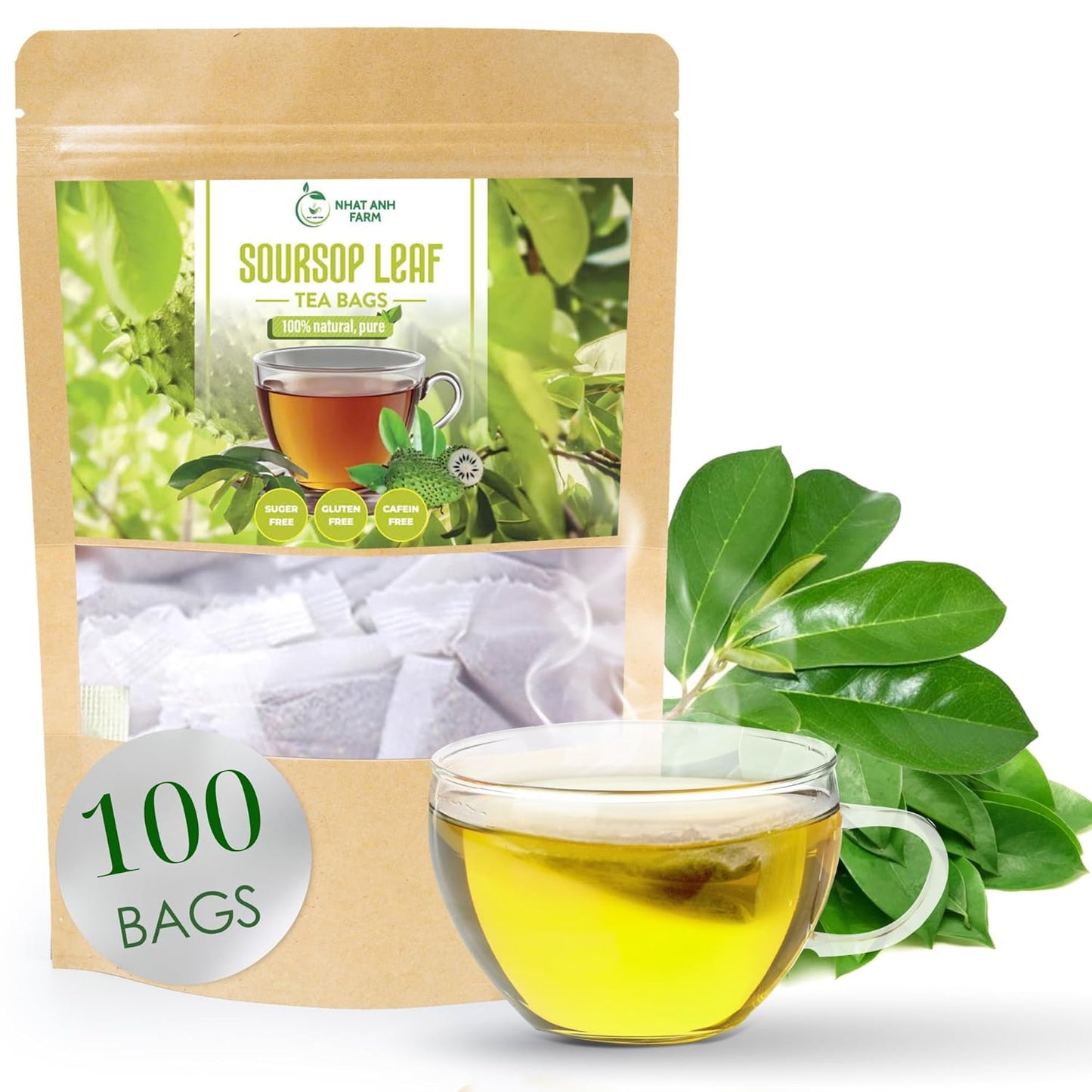 NHAT ANH FARM - Soursop Leaf Tea 100 Bags â€“ Herbal Loose Leaf in Tea Bags - Sugar/Caffeine/Gluten Free. Supports Cardiovascular & Immune Health.