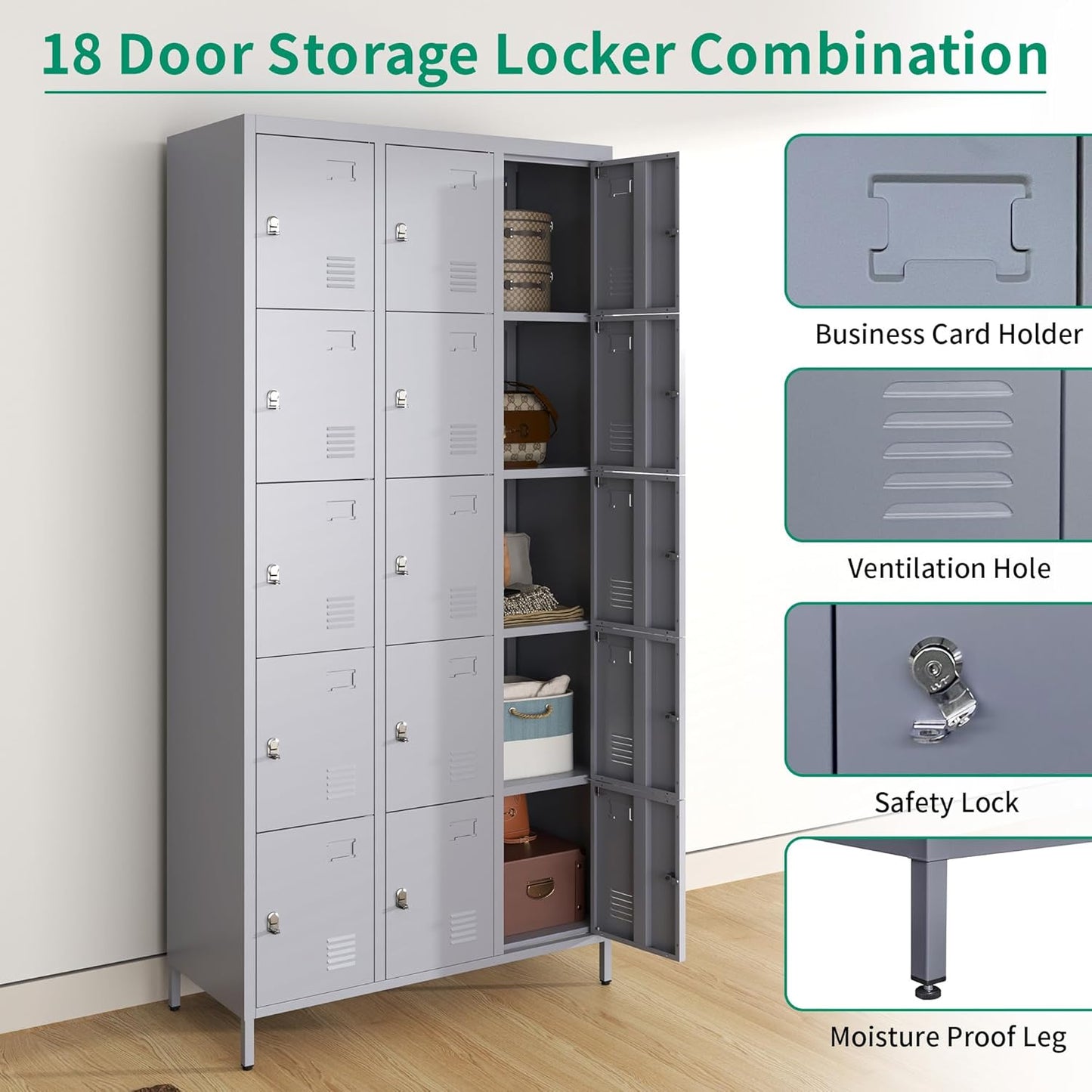 Metal Lockers for Employees, Storage Employee Locker, 72" Storage Lockers with Shelves Steel Cabinet for Home (Gray, 15 Door)