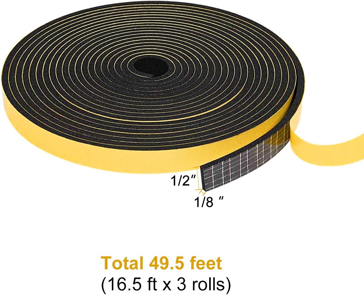 Foam Weather Stripping for Doors and Windows 1/2 inch W x 1/8 inch T, Adhesive Weather Strip Seal Tape (Total 49.5 Ft Length, 3 Rolls of 16.5 Ft Each)