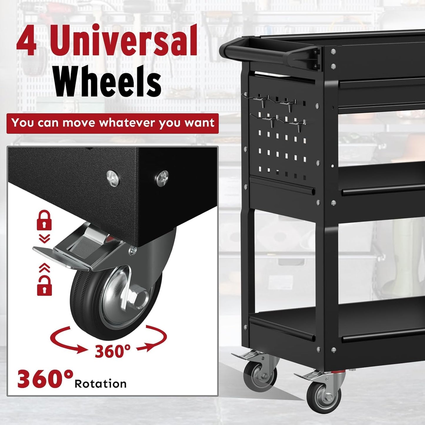 3 Tier Rolling Tool Cart, Heavy Duty Tool Cart on Wheels, Metal Utility Cart with Locked Drawers, Ideal for Garage, Warehouse and Repair Shop (Black)