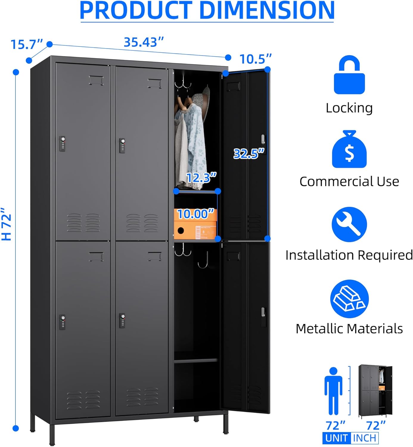 6 Doors Metal Storage Lockers for Employees with Combination Lock and Hooks,72" H Employee Lockers with Business Card Holder for Offices School Gyms Home,Assembly Required,Black