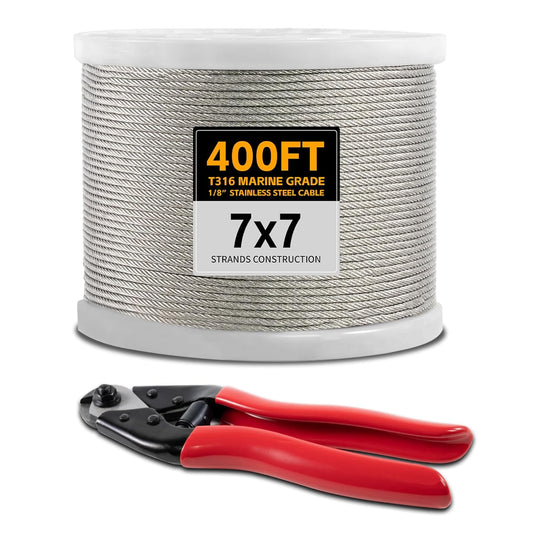 400FT 1/8" Stainless Steel Cable Wire Rope with Cutter, Cable for Deck Railing, 1800 lb Breaking Strength 7x7 Strands, T316 Aircraft Cable for Stair, Fence, Porch