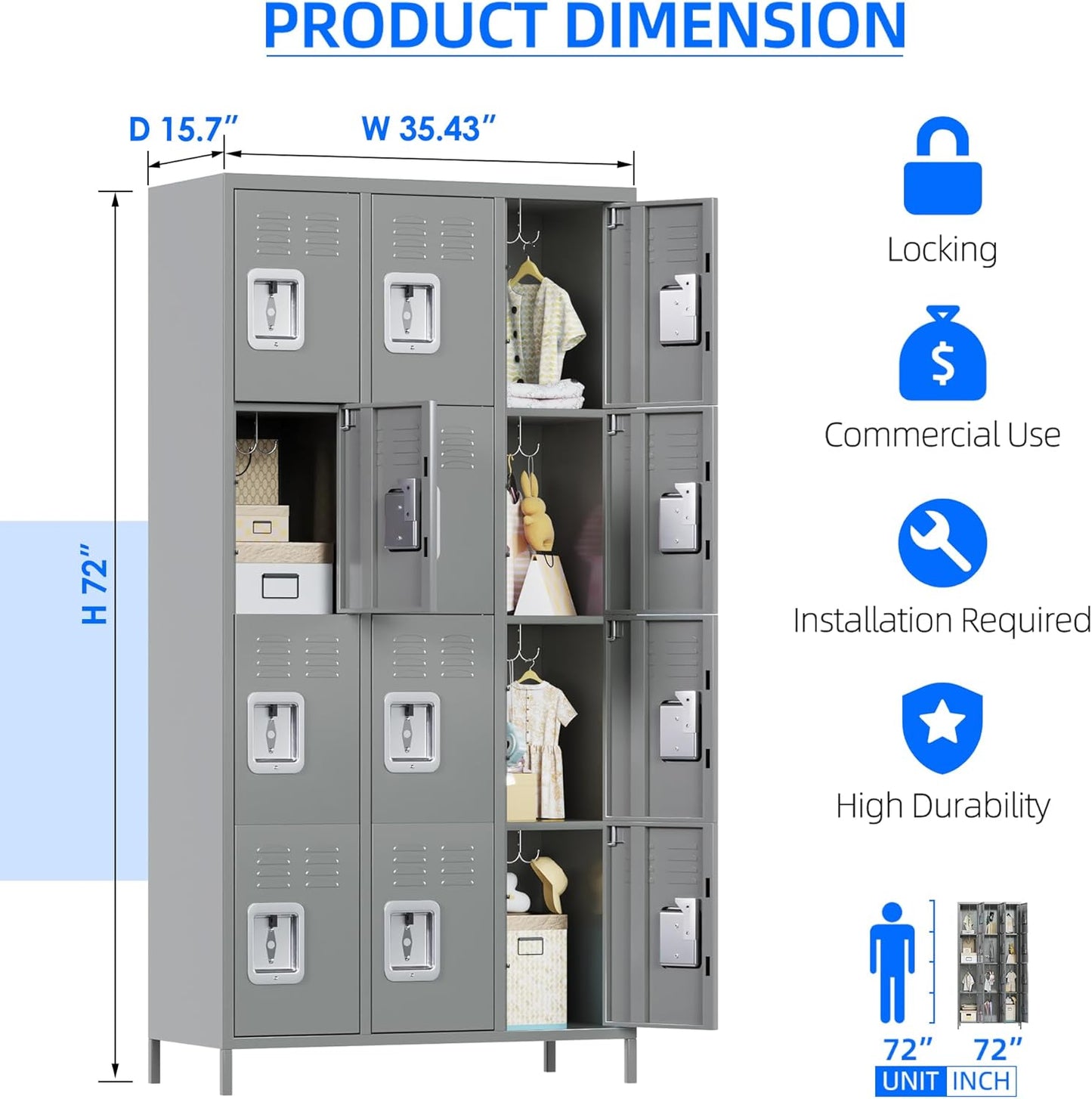 METAN Metal Storage Locker for School Office Gym Bedroom, 12 Doors Locker Cabinet for Employees, Industrial Steel Storage Locker with 12 Hooks, Assembly Required (12 Door-Light Gray)