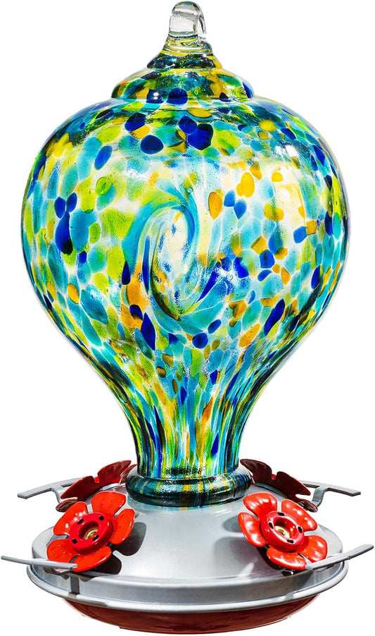Hummingbird Feeders for Outdoors Hanging, 32OZ Hand Blown Glass Hummingbird Feeder for Outside, 4 Perch Ant Moat Leakproof, Garden Decor, Backyard Bird Gifts for Mom (Blue)