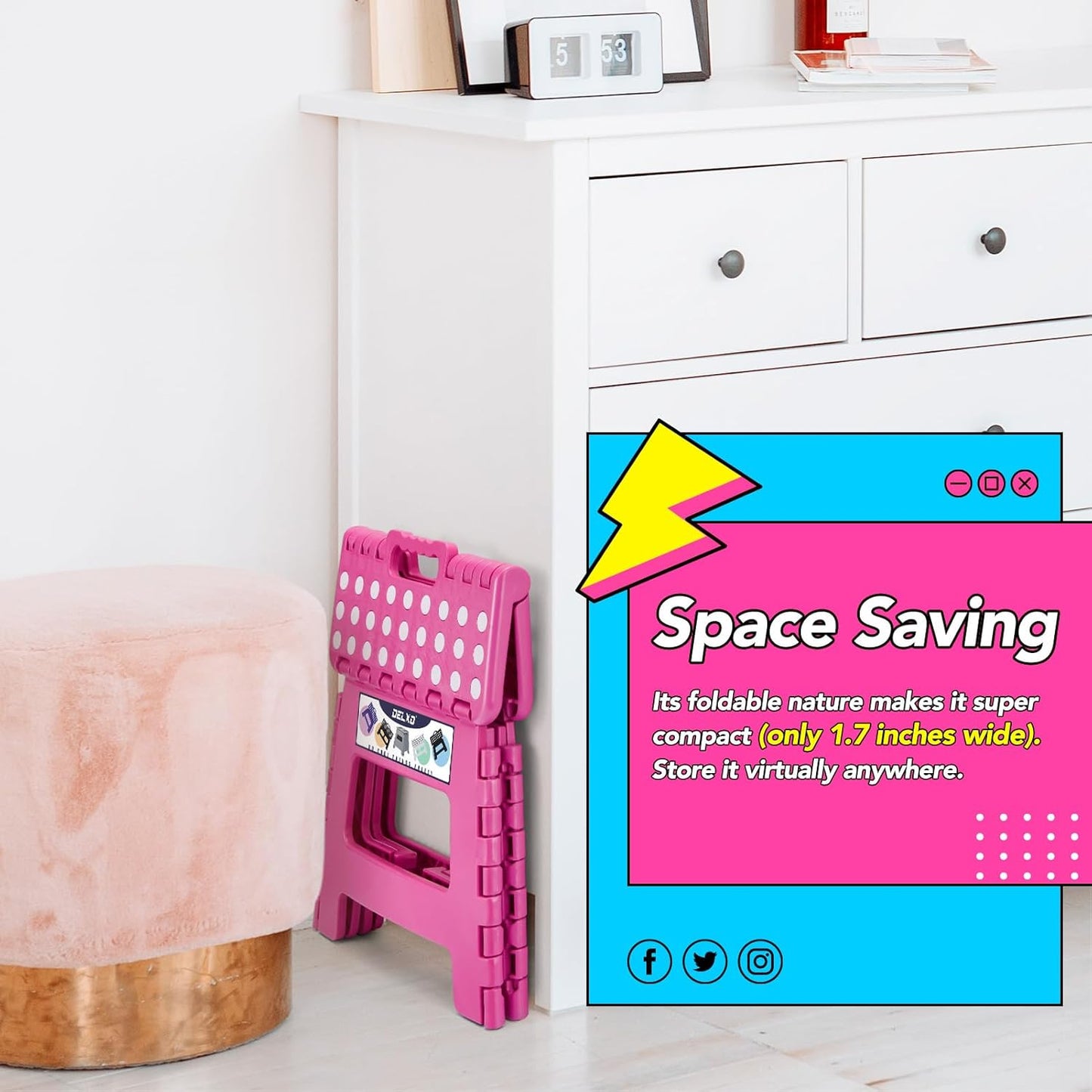 Delxo Folding Step Stool 9 inch Non-Slip Foldable Stools Up to 300 LBS Kids Step Stool with Handle Lightweight for Kitchen, Bathroom, Bedroom, Garden, Rose Pink, 1PC