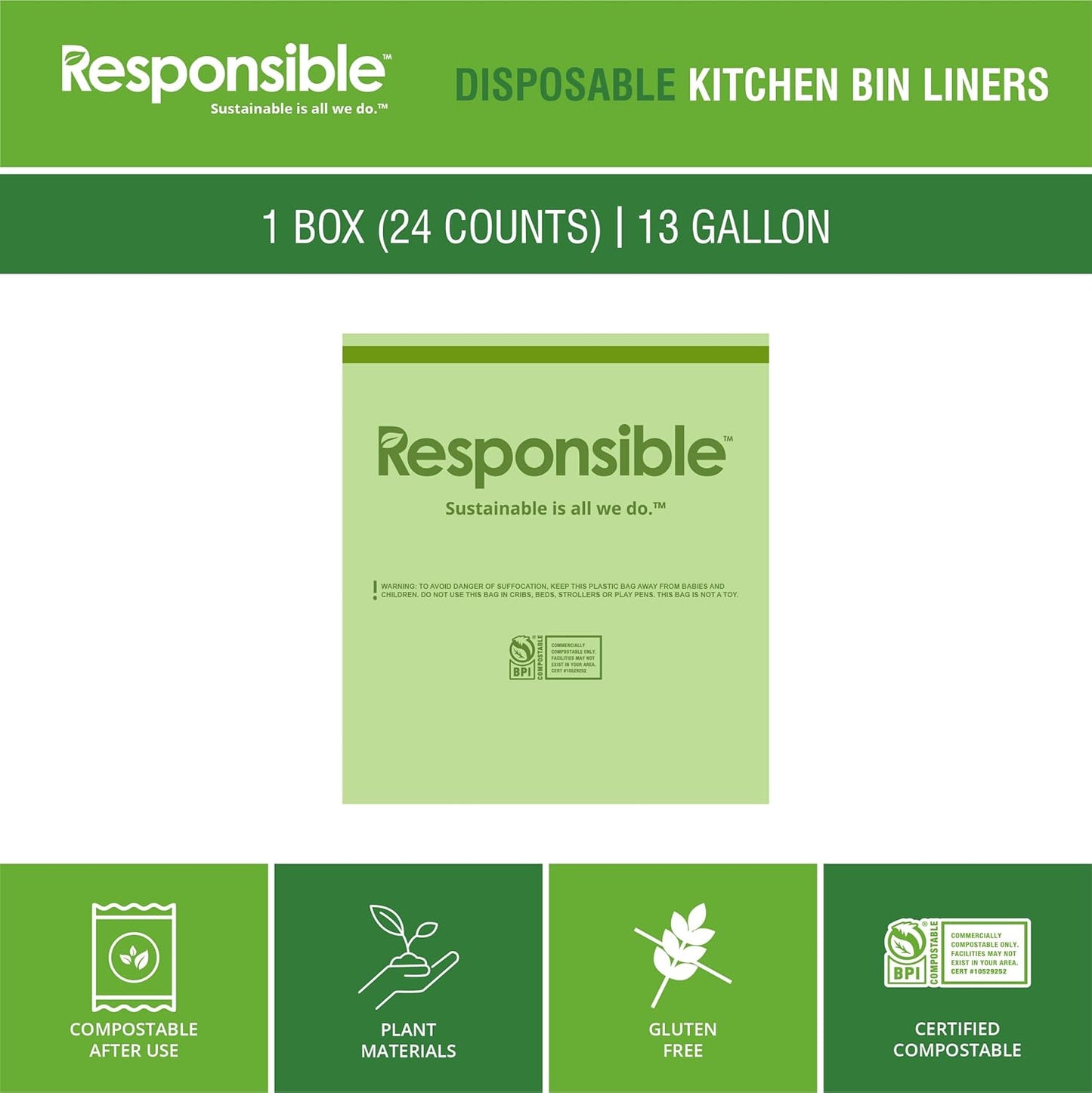 Kitchen Bin Liners, Certified Compostable, Heavy Duty Multipurpose Food Scrap Bags, Made from Compostable Materials (13 Gallon Drawstring, 13 Gallon (24 Count))