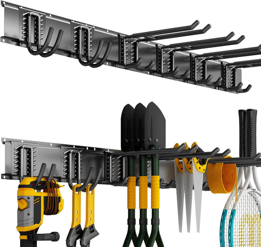 Garage Organization Tool Organizer Wall Mount, 48inch Heavy Duty Garden Tool organizer Storage System, Easy Install With 6 Adjustable Hooks, For Garage, Basement, Shed, Workshop(Black)