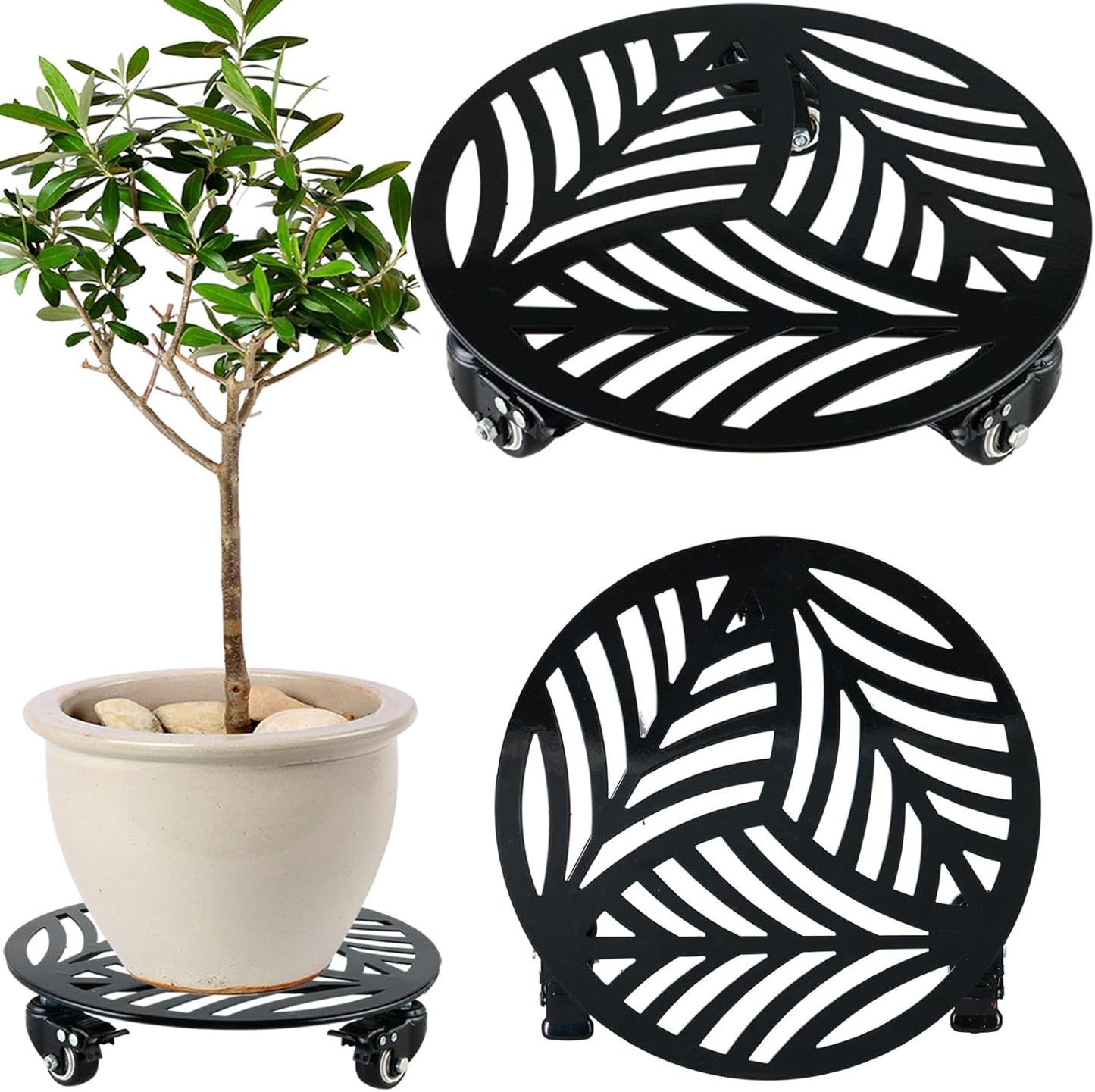 1 Pack 12 inches Large Metal Plant Caddy with 3 PU Metal Wheels Rolling Plant Stand with Casters Indoor Outdoor Wheeled Planter Roller Base Pot Movers Plant Dolly Coaster Trolley Black