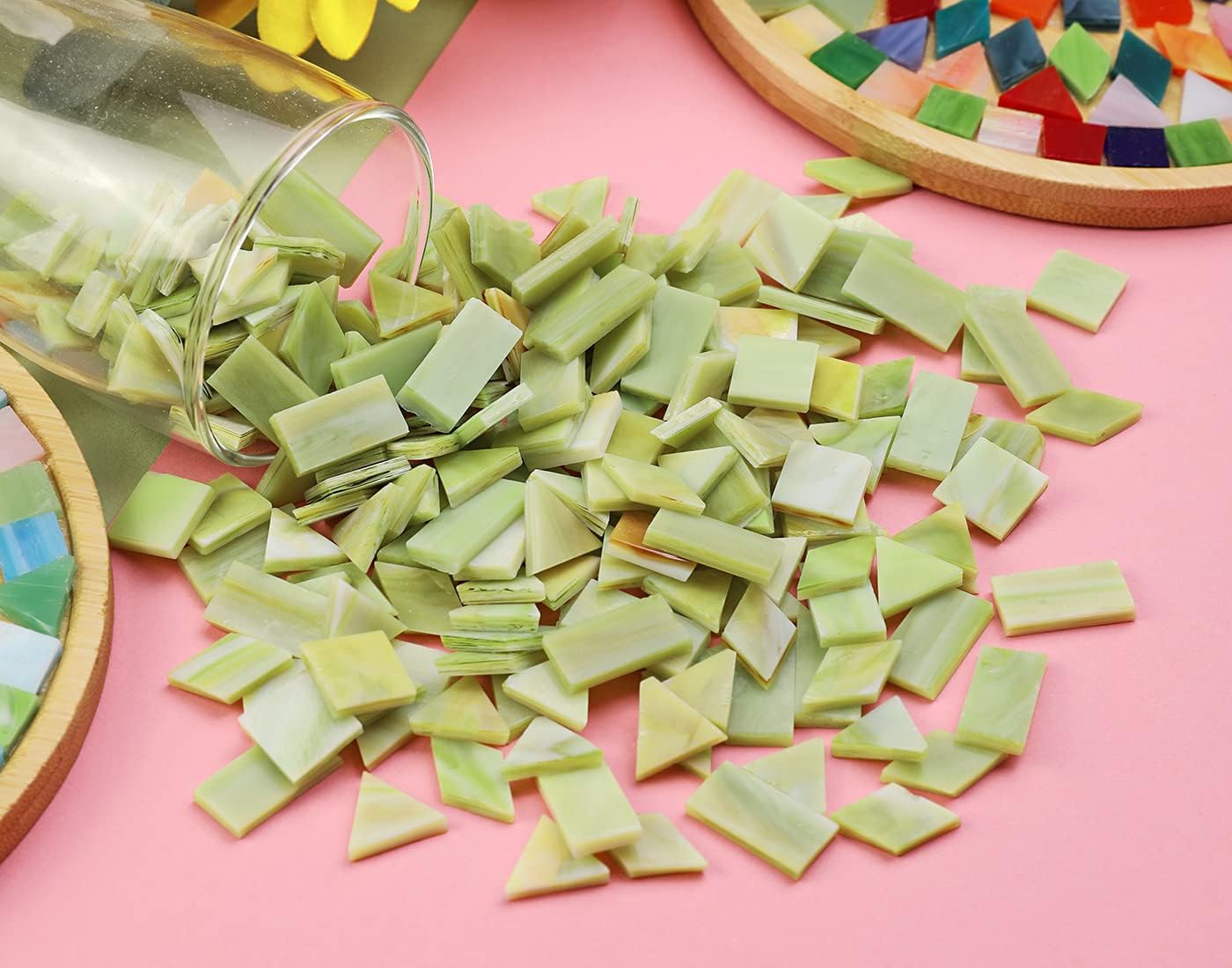 Lanyani Glass Mosaic Tiles for Art Crafts, 4 Shapes Mixed Tiffany Stained Glass Pieces, 200 Pieces, Square/Rectangle/Diamond/Triangle,New Leaf Green