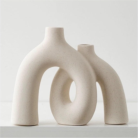 Hug Donut Decorative Vase Set - Modern Nordic Boho Style Vases Home Decor, Matte Ceramic Decorations for Living Room Shelf, Bookshelf Mantle Entryway Table or Console Décor (Cream White)