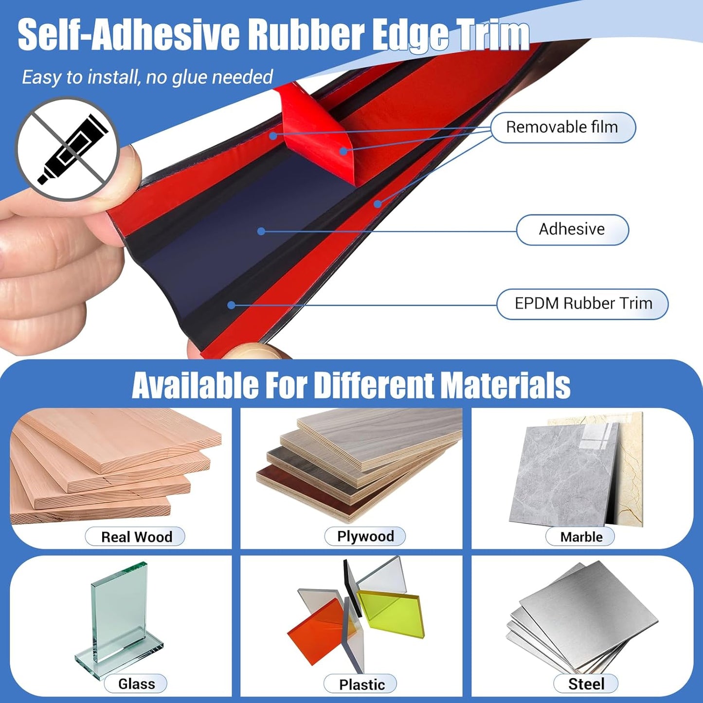 Rubber Edge Trim, Self-Adhesive U Channel Edge Protector for Plywood, Cabinet, 1/2" Wood Edge Banding, Flexible Furniture Repair, EPDM Material, Fit 1/2"(12mm), Length 10Ft, Black