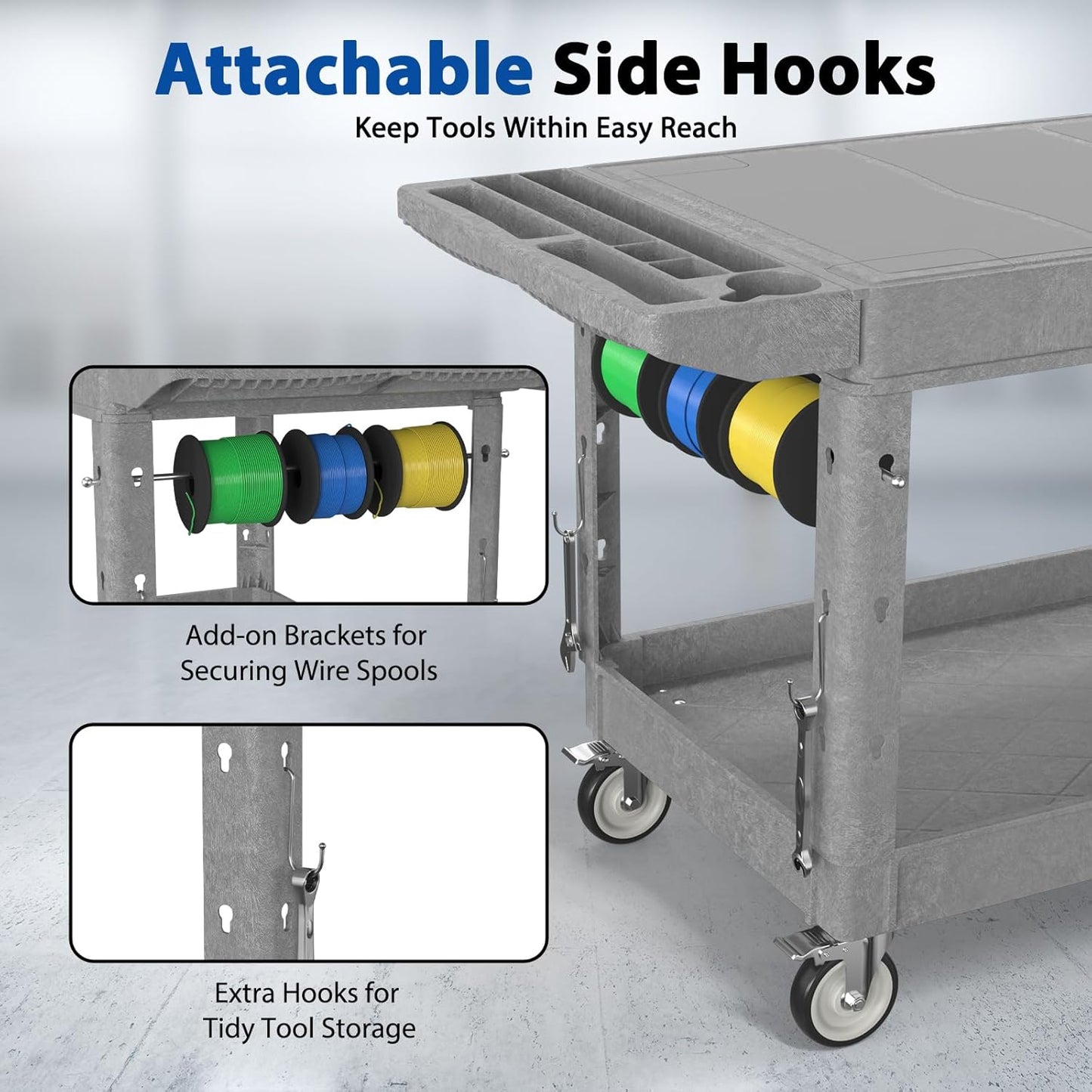 Large Garage Flat Top Utility Cart, Heavy Duty 2 Shelf Tool Cart Service Cart Rolling Push Carts with Ergonomic Handle 5" Swivel Casters.