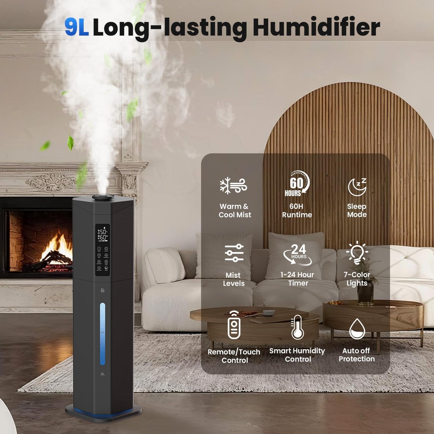 Humidifiers for Bedroom - GloryAir 2.38Gal/9L Top Fill Warm & Cool Mist Humidifier for Large Room 750ft² with Auto Mode 7-Color Light, Humidistat, Quiet Humidifier for Plants Baby Adults Home & Office