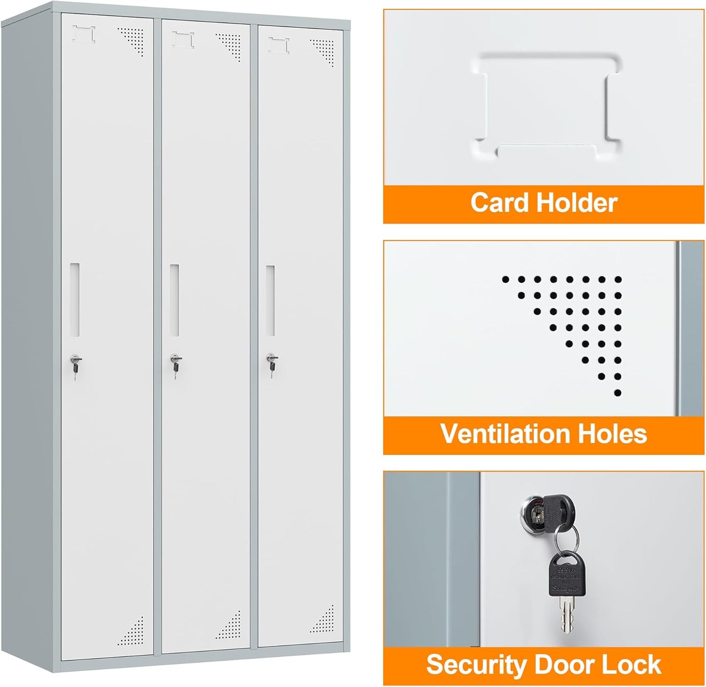 Metal Locker with 3 Doors Employees Locker, Metal Storage Locker with Hooks, 71" Storage Cabinet Lockers for Employees, Home, Office, Gym Requires Assembly (Grey White)