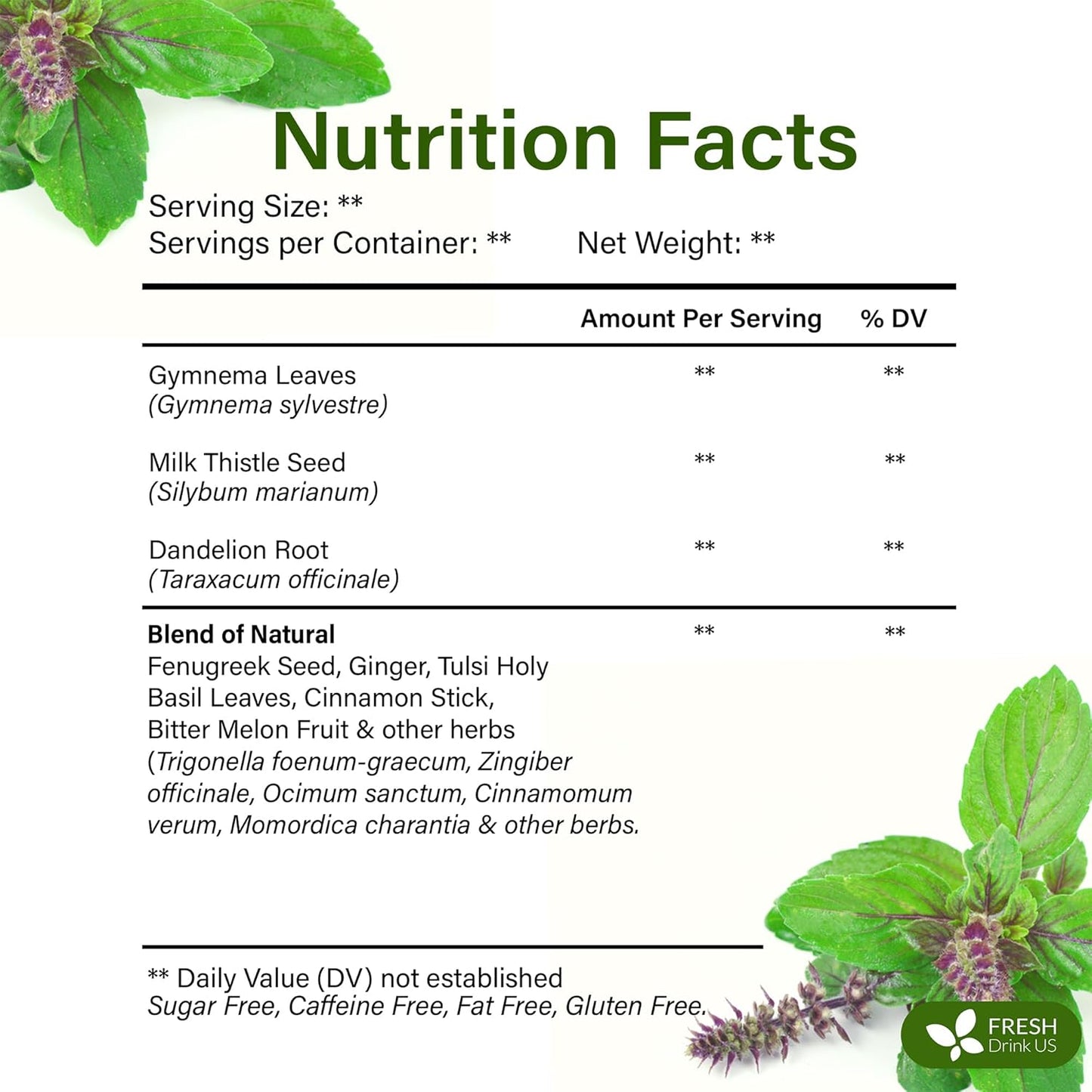 FreshDrinkUS, Premium 30 Tea Bags Glucose Functional Tea – Herbal Blend with Gymnema, Cinnamon, Bitter Melon, Tulsi & More –– Caffeine-Free. Sugar-Free. Gluten-Free. Vegan