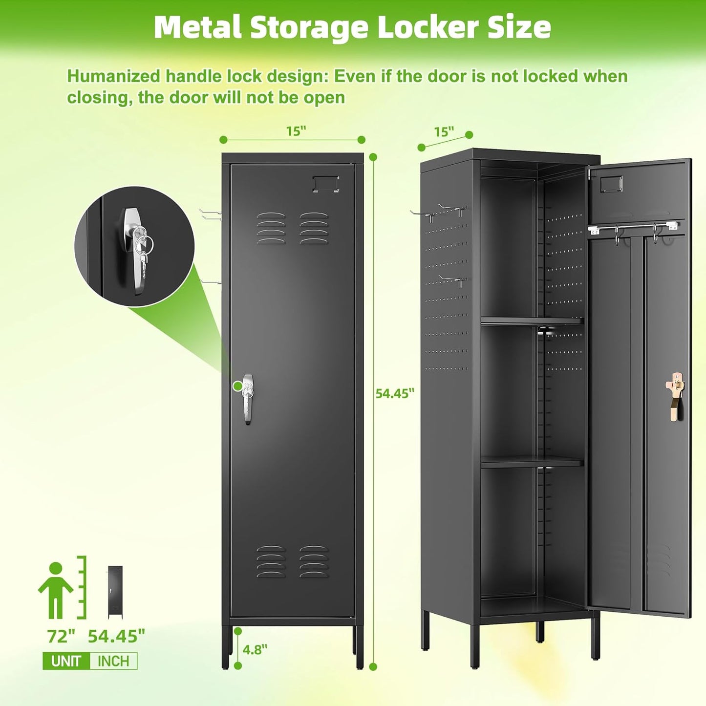 Metal Lockers for Employees with Handle,Metal Storage Locker with 2 Pegboard & 5 Hooks for Gym, School, Office,Home,Garage,Black
