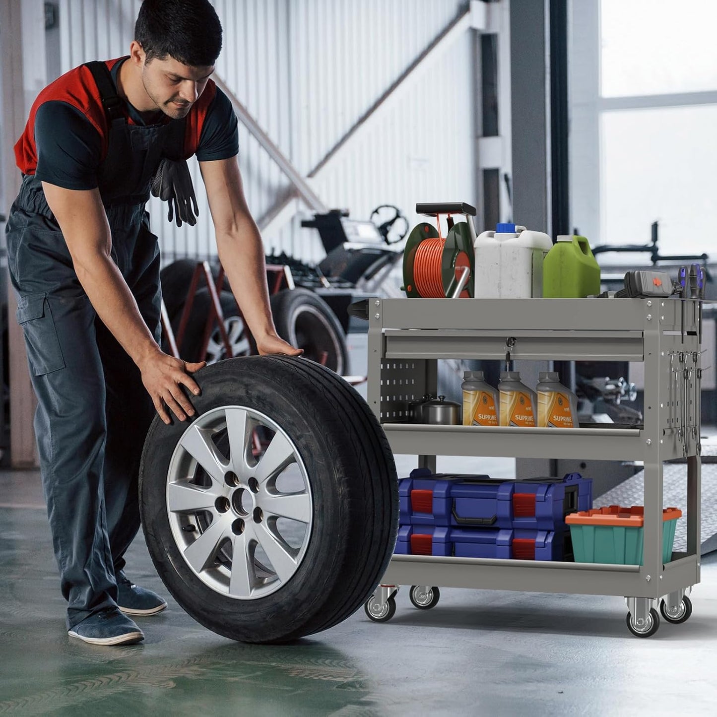 3 Tier Rolling Cart, Heavy Duty Utility Industrial Service Carts on Wheels, Metal Tool Cart with Locked Drawers, Ideal for Garage, Warehouse and Repair Shop（Grey）