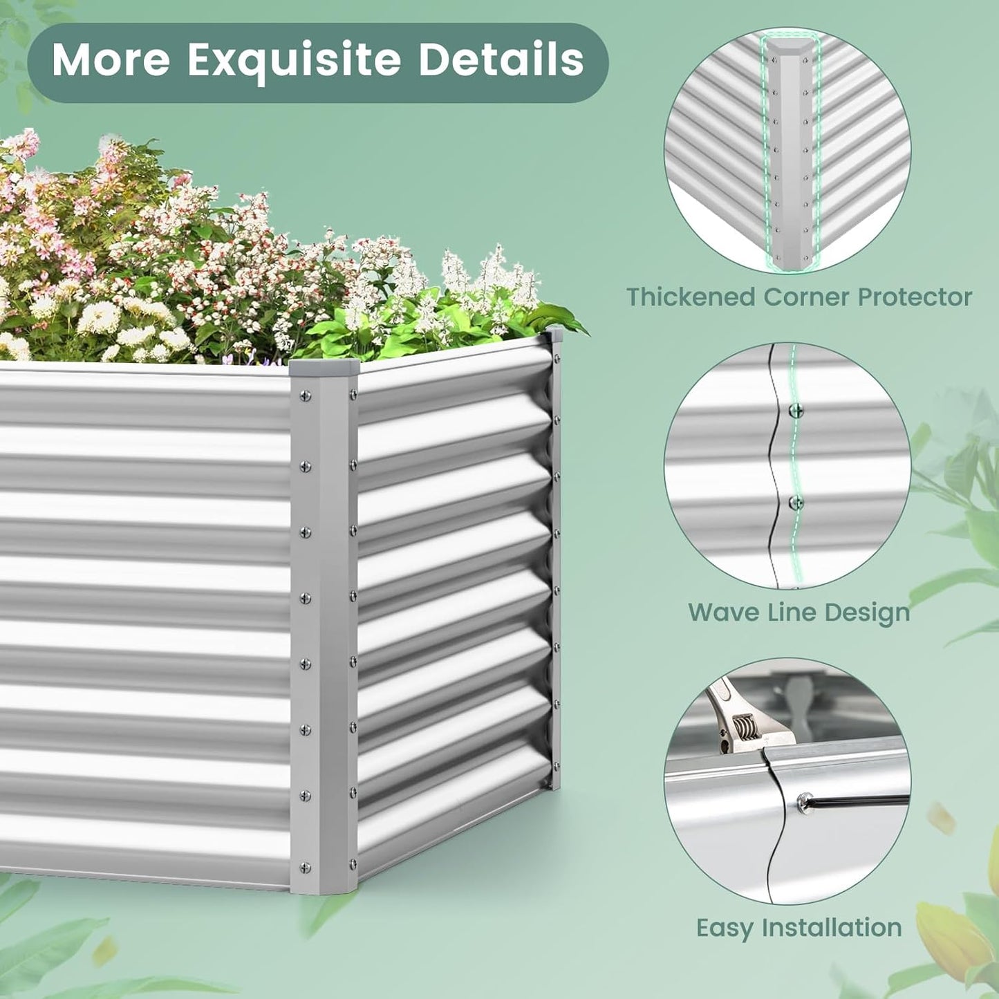 Rectangular Raised Garden Bed, Galvanized Garden Planter with Open Bottom, Sprayed Plate & Corner Protectors, Outdoor Metal Planter Box for Vegetables, Flowers & Herbs (Sliver)