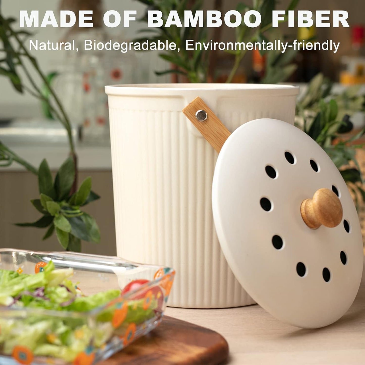 LALASTAR Countertop Compost Bin with Lid, Made of Sustainable Bamboo Fiber, Odorless Kitchen Compost Bucket, 1 Gallon, Cream