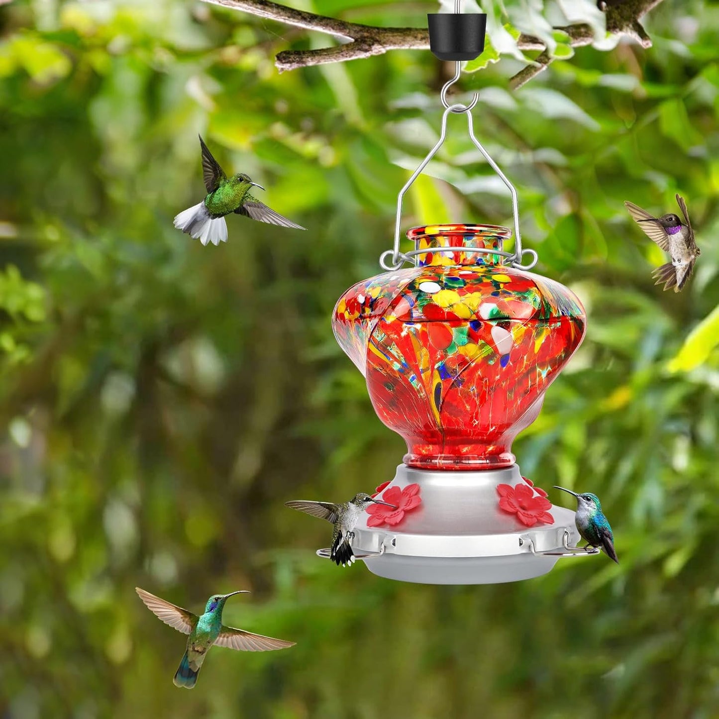Hummingbird Feeder for Outdoors with Ant Moat, Hummingbird Feeder, Hand Blown Glass, 4 Bee Guard Feeding Ports with Perch, Outdoor Garden Décor, 16OZ, Red, Gifts for Mom Wife Dad Men Women