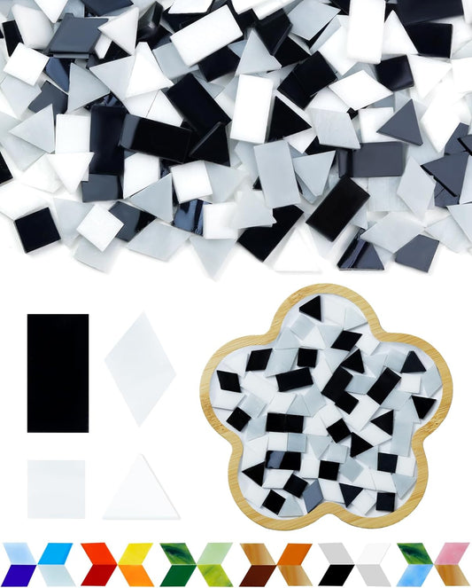 FIVEIZERO 260g Glass Mosaic Tiles for Crafts - 300 Pieces Tiny Mosaic Tile Kit, Irregular Pieces for DIY Craft Jewelry, Coaster Art & Mosaic Kits (Black&White)
