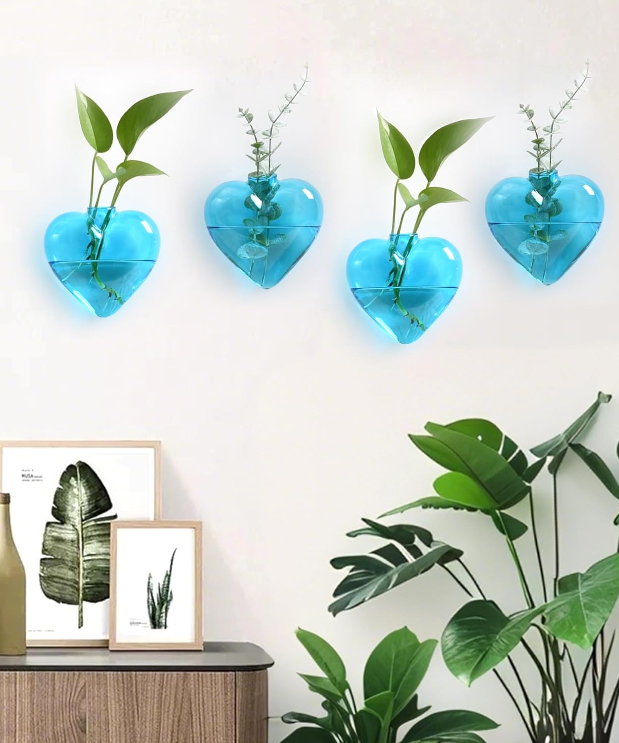 Nacome Wall Hanging Glass Planter Terrarium Plant Propagation Station, 4 Pack Heart Shape Vase for Hydroponic Home Office Garden Decor,Unique Gardening Gifts for Plant Lovers Women Mom(Blue)