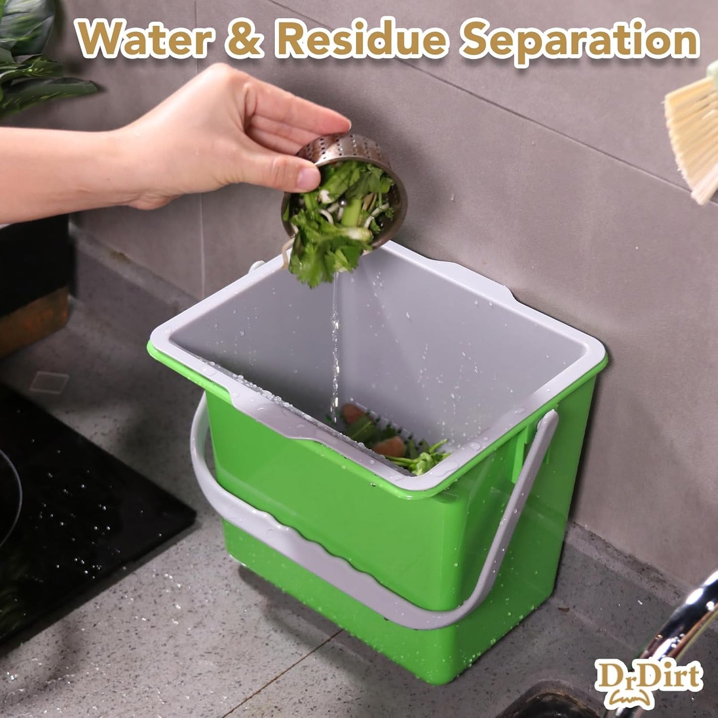 DrDirt Kitchen Compost Bin, 6L / 1.58 Gal Kitchen Compost Bin Countertop with Inner Sieve for Liquid Separation, Odor-Control, Easy to Clean, for Cooking Family and Home Party, Green