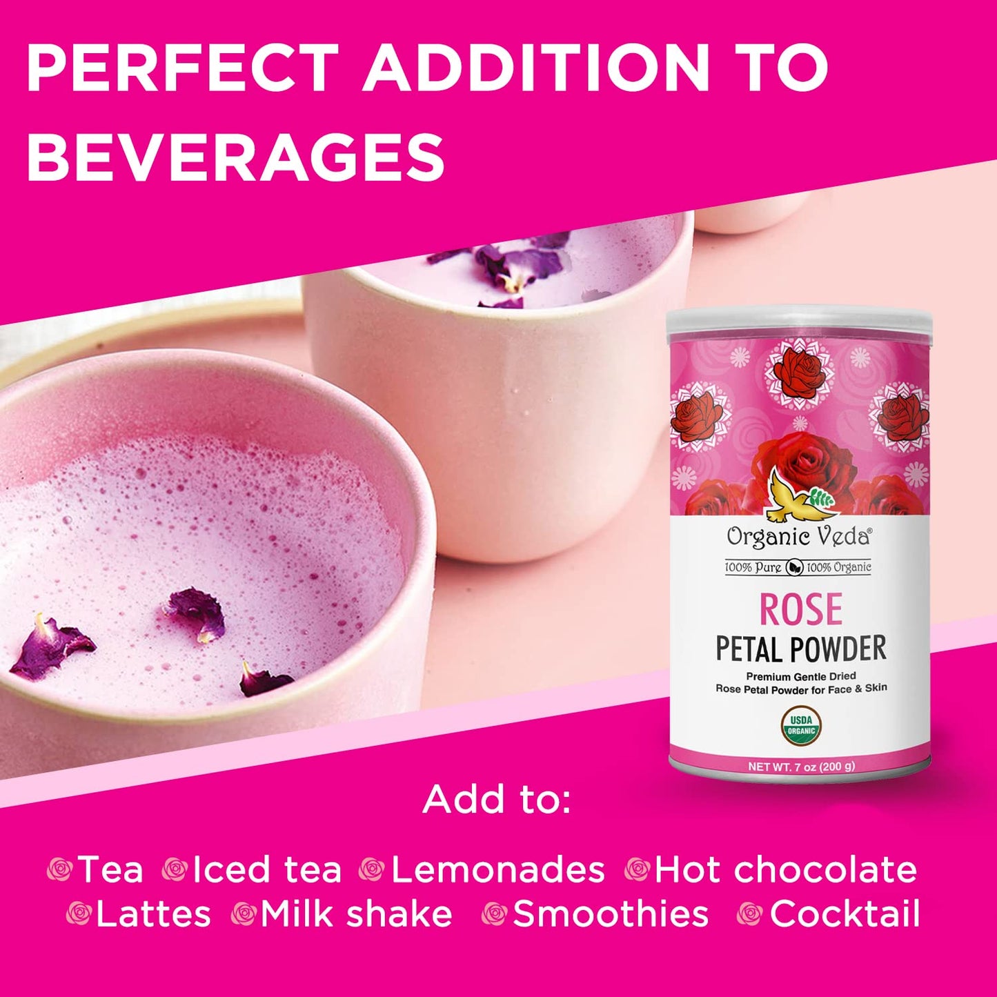 Organic Veda Edible Rose Petal Powder - Organic Rose Petal Powder for Cooking, Herbal Tea, Smoothies, Toppings - Natural Rose Petal Powder for DIY Face Masks, Skin, Hair Care - Vegan, No Gluten - 16oz